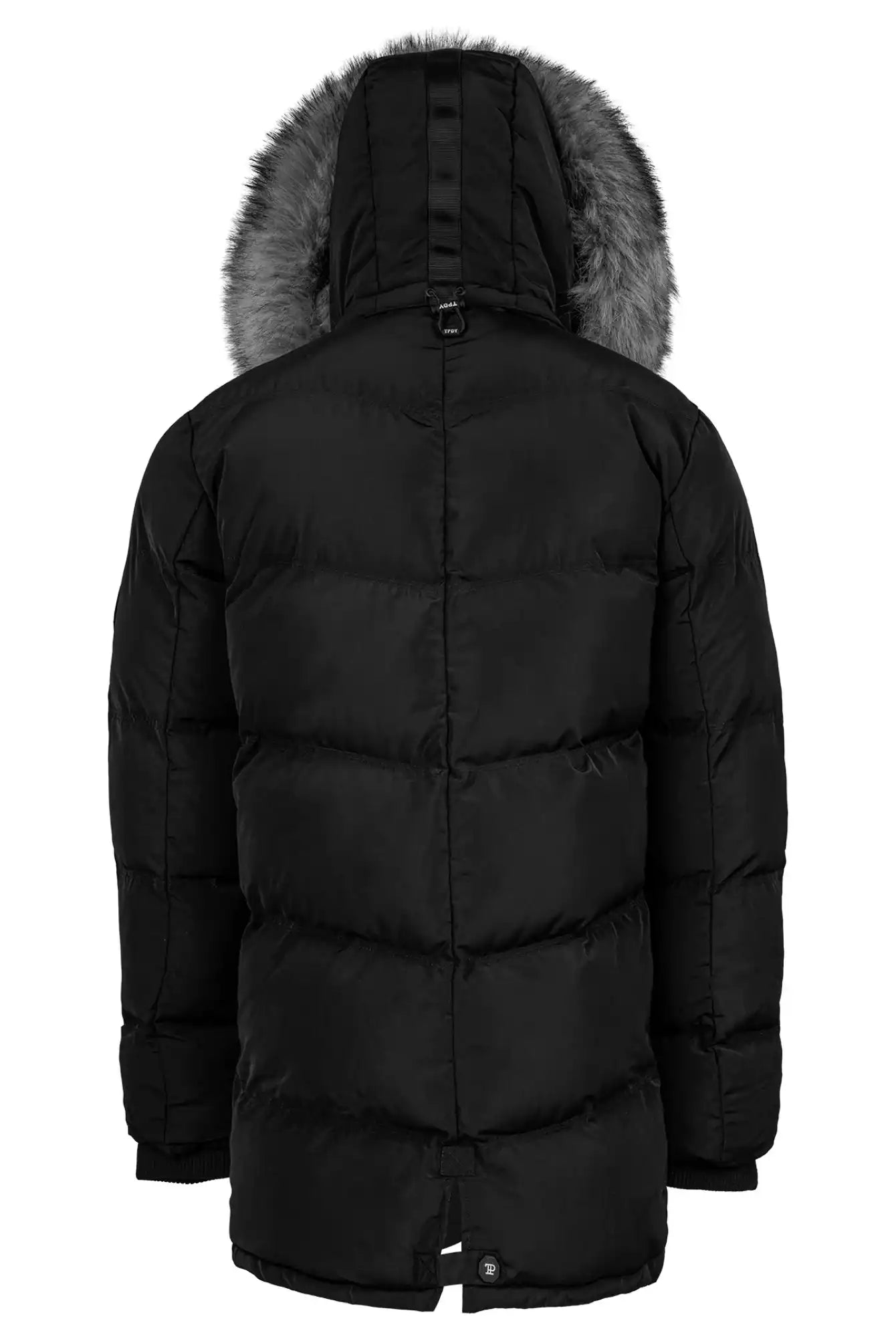 Die trueprodigy Zayn Winterjacke mit Kunstfell ist eine schwarze Herrenparka-Pufferjacke mit horizontaler Steppung, langen Ärmeln, mittlerer Oberschenkellänge und einer pelzgefütterten Kapuze, die mit Kunstfell besetzt ist und mit einem Schnallendetail endet.