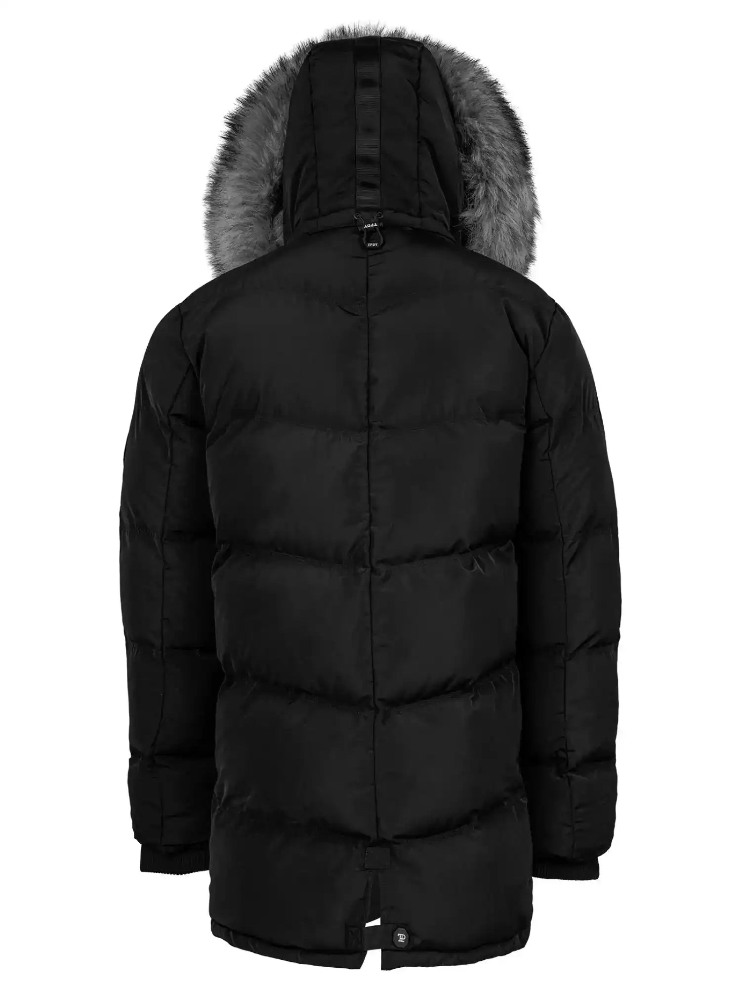Die trueprodigy Zayn Winterjacke mit Kunstfell ist eine schwarze Herrenparka-Pufferjacke mit horizontaler Steppung, langen Ärmeln, mittlerer Oberschenkellänge und einer pelzgefütterten Kapuze, die mit Kunstfell besetzt ist und mit einem Schnallendetail endet.