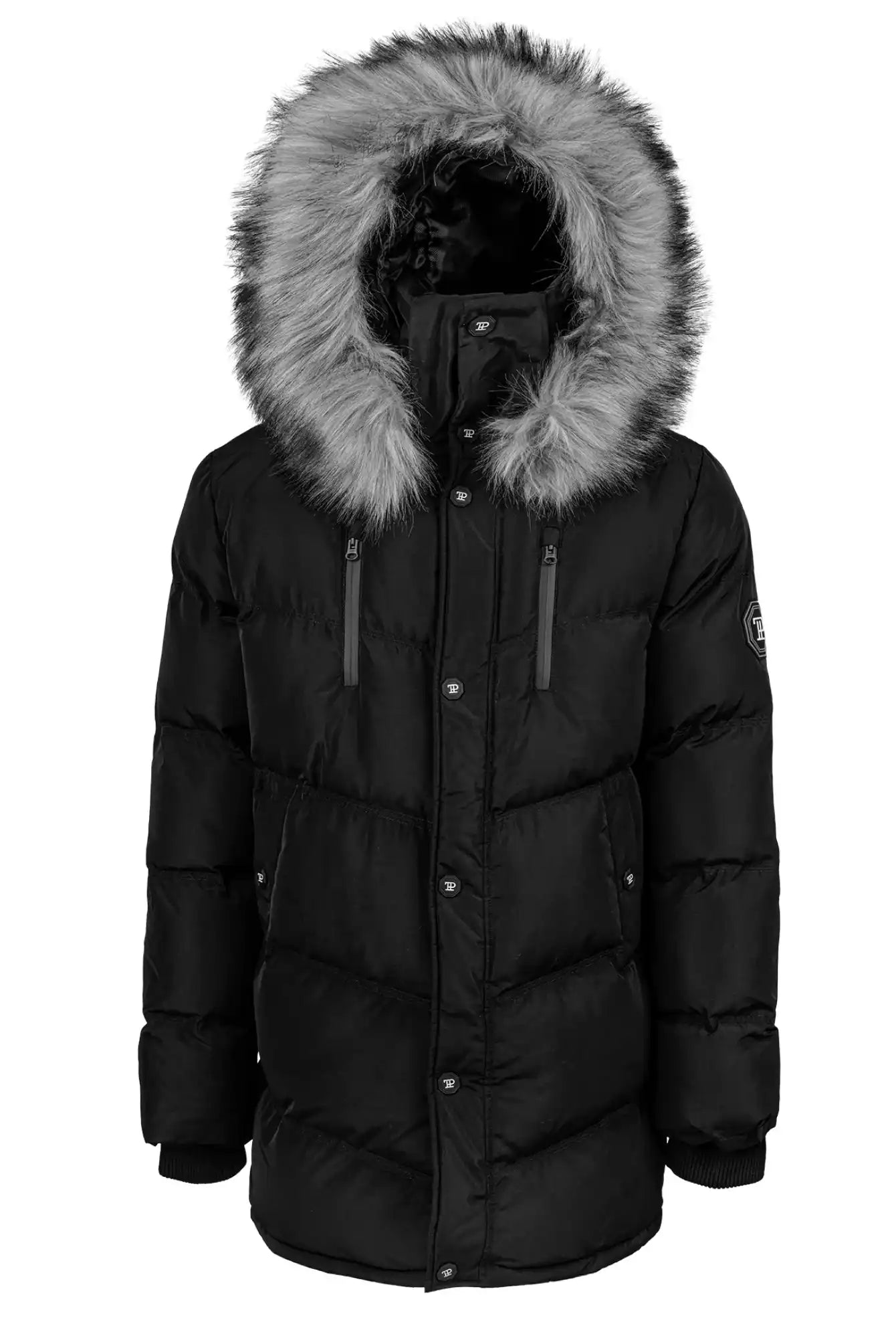 Die trueprodigy Zayn Winterjacke mit Kunstfell ist eine schwarze Herrenparka-Pufferjacke mit einem Frontreißverschluss, Druckknöpfen, einer großen Kapuze mit grauem Kunstfellbesatz und zwei vertikalen Brusttaschen mit Reißverschluss.