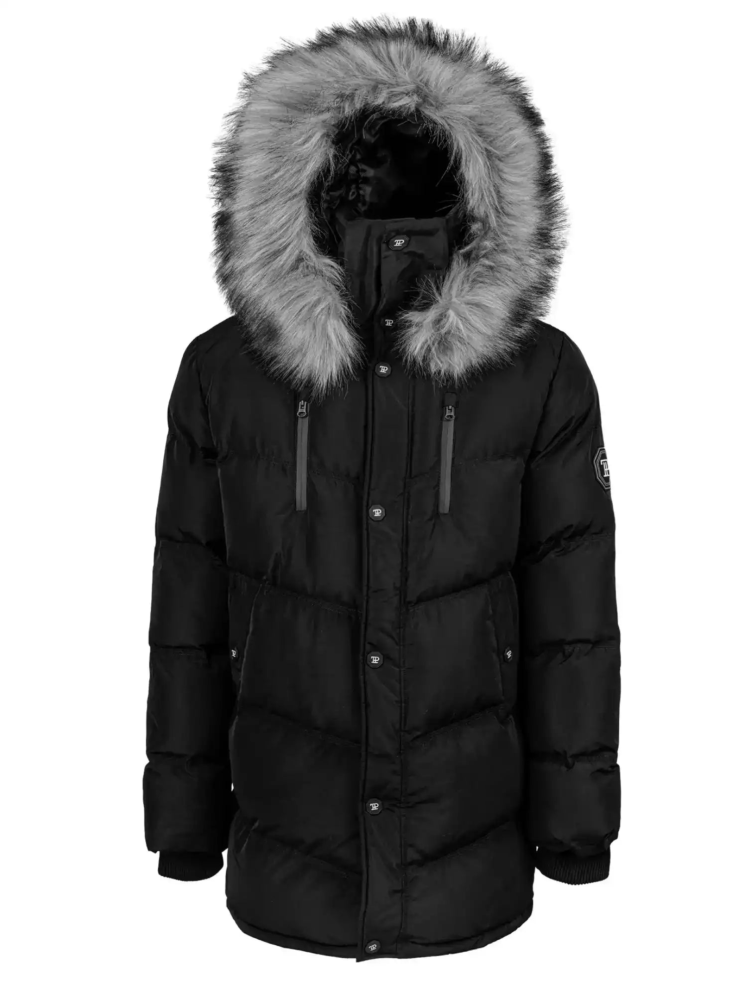 Die trueprodigy Zayn Winterjacke mit Kunstfell ist eine schwarze Herrenparka-Pufferjacke mit einem Frontreißverschluss, Druckknöpfen, einer großen Kapuze mit grauem Kunstfellbesatz und zwei vertikalen Brusttaschen mit Reißverschluss.