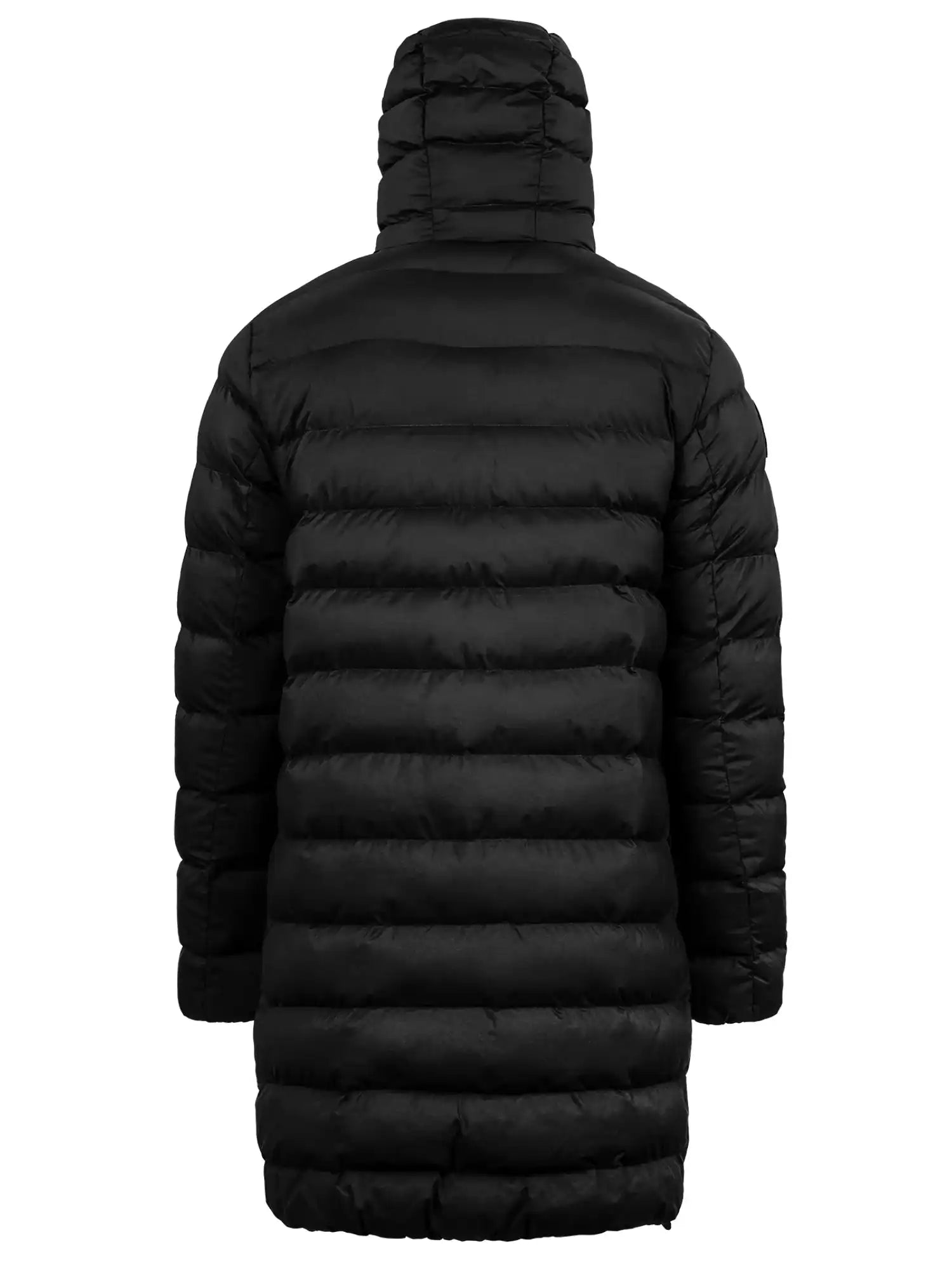 Die Chester F Lange Pufferjacke mit Logo von trueprodigy ist eine lange schwarze Jacke mit horizontaler Steppung, hohem Kragen und mittlerer Oberschenkellänge - ideal, um stilvoll und warm zu bleiben. Die Abbildung zeigt den Damenparka von hinten.
