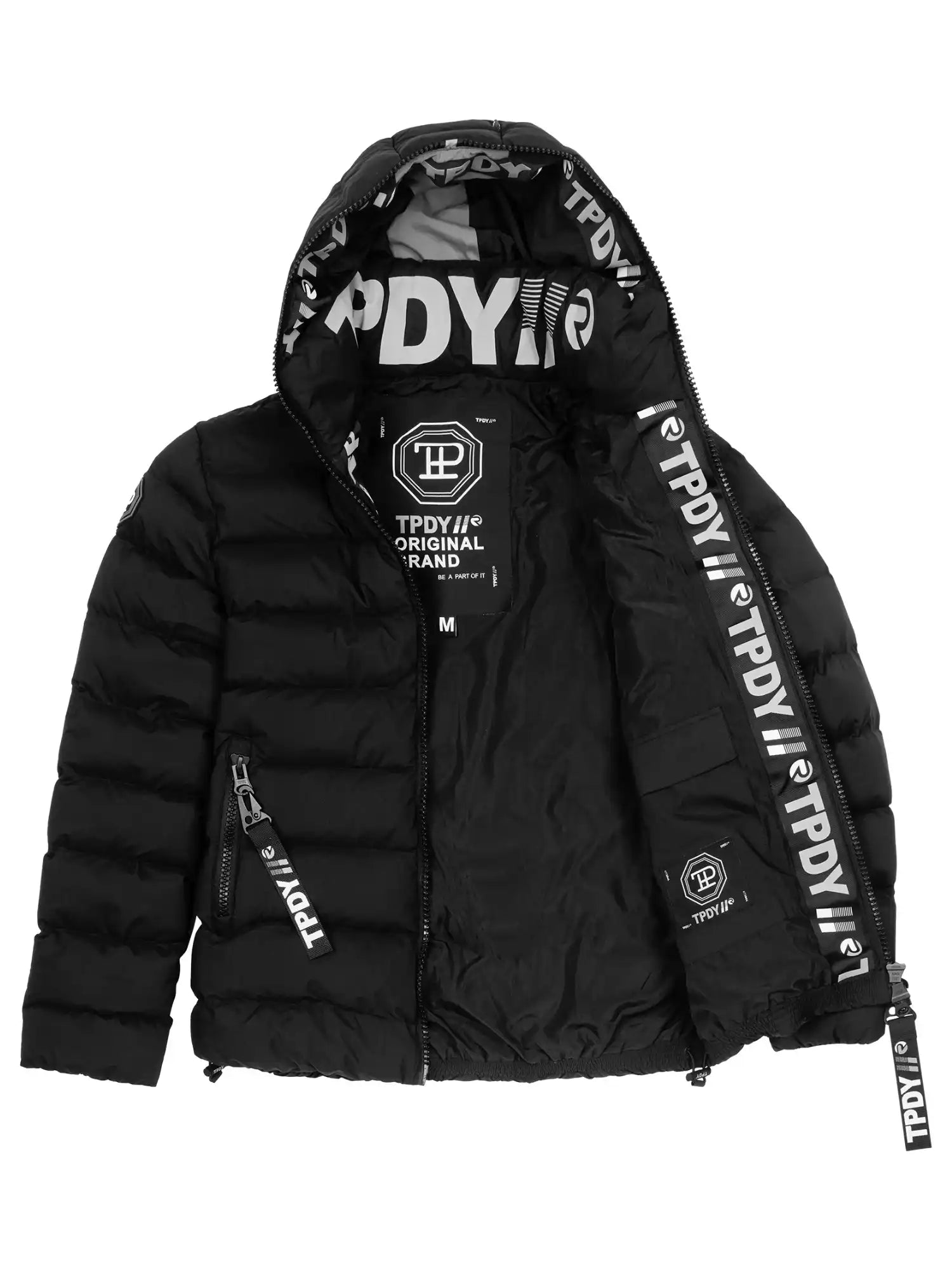 Die trueprodigy Neo F Kurze Pufferjacke mit Logo ist eine schwarze, wasserabweisende Damenjacke mit Kapuze, Seitentaschen, mittelgroßem Etikett innen und auffälligem weißem Innenbranding, das beim Öffnen des Reißverschlusses sichtbar ist.