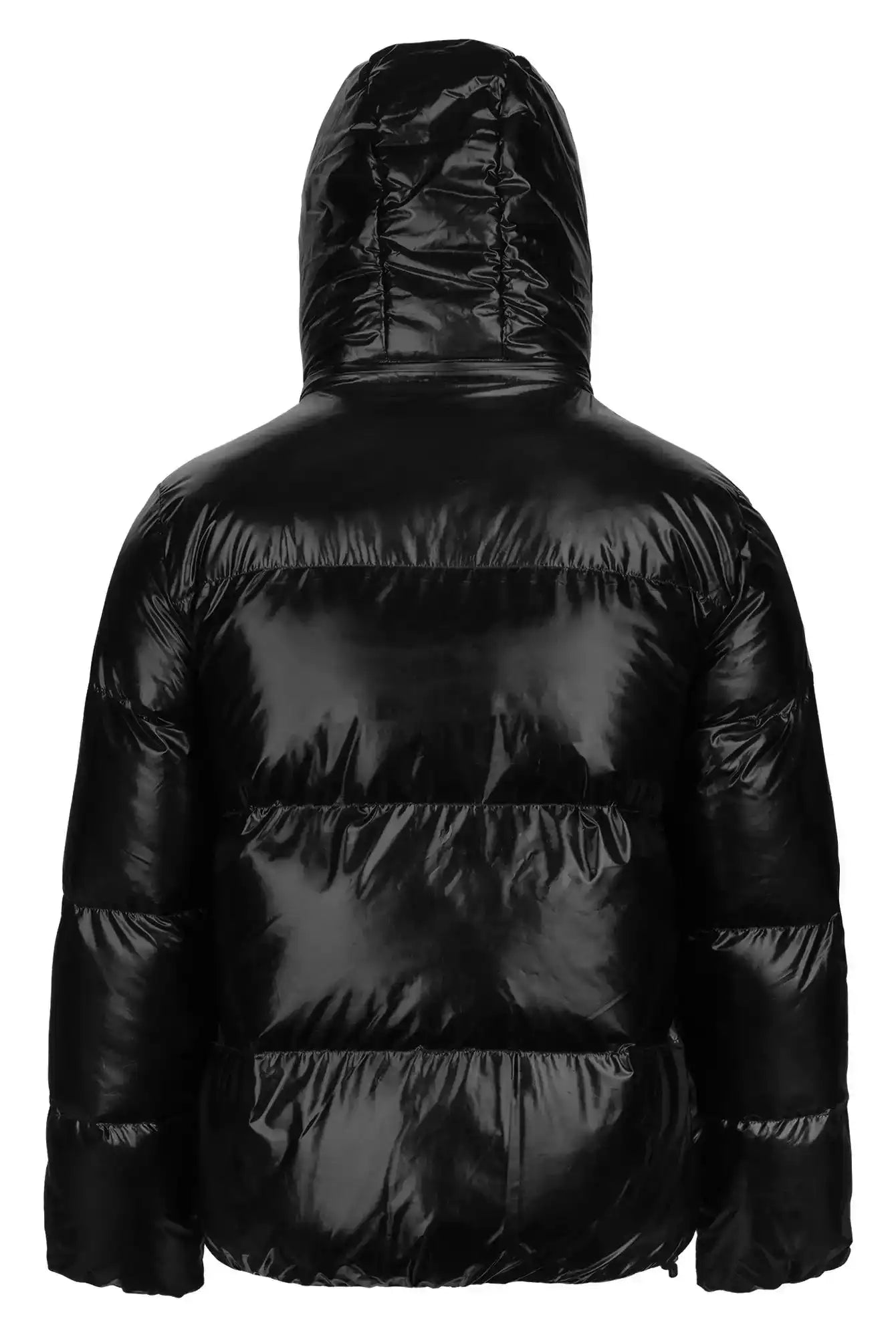 TRUEPRODIGY constance schwarze Pufferjacke mit glänzendem Finish, Kapuze, gestepptem Design, Rückansicht. Ideal für modische Winterkleidung, urbaner Stil. Hochwertige, warme Materialien. Perfekt für kalte Temperaturen.