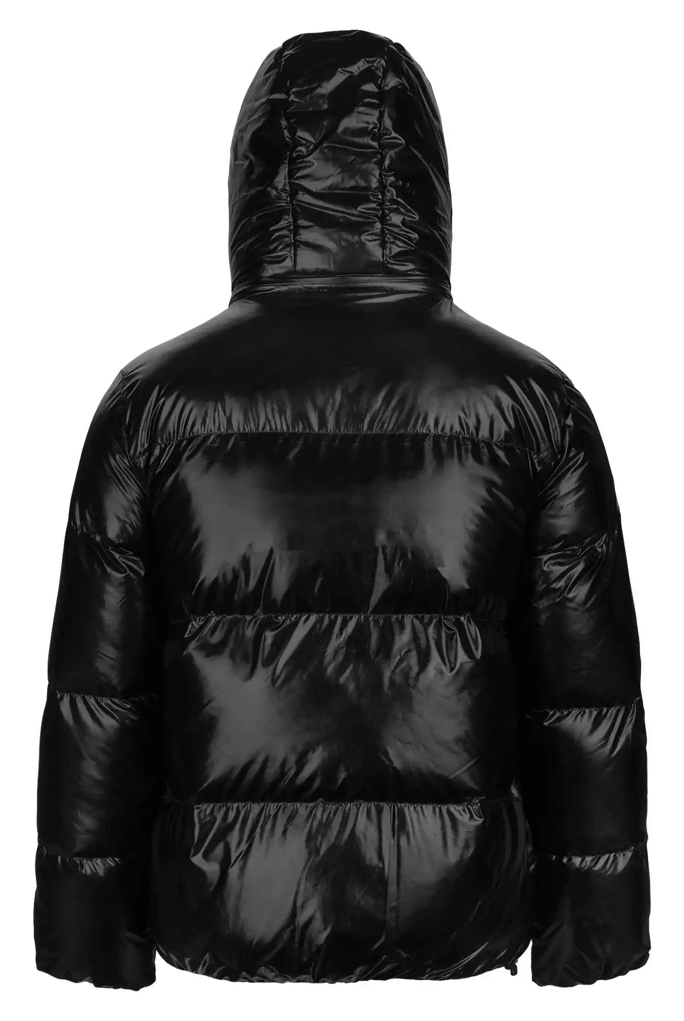 Schwarze TRUEPRODIGY constance Jacke, glänzendes Design mit Daunenfüllung, Kapuze erhoben. Mode für kaltes Wetter, urbaner Stil. Perfekt für Winterkleidung und Outdoor-Aktivitäten.