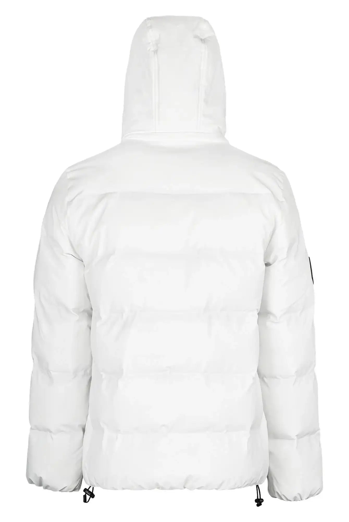 Rückenansicht der trueprodigy Franco Winterjacke: eine weiße Pufferjacke mit abnehmbarer Kapuze, gestepptem Design und verstellbaren Kordelzügen am Saum.