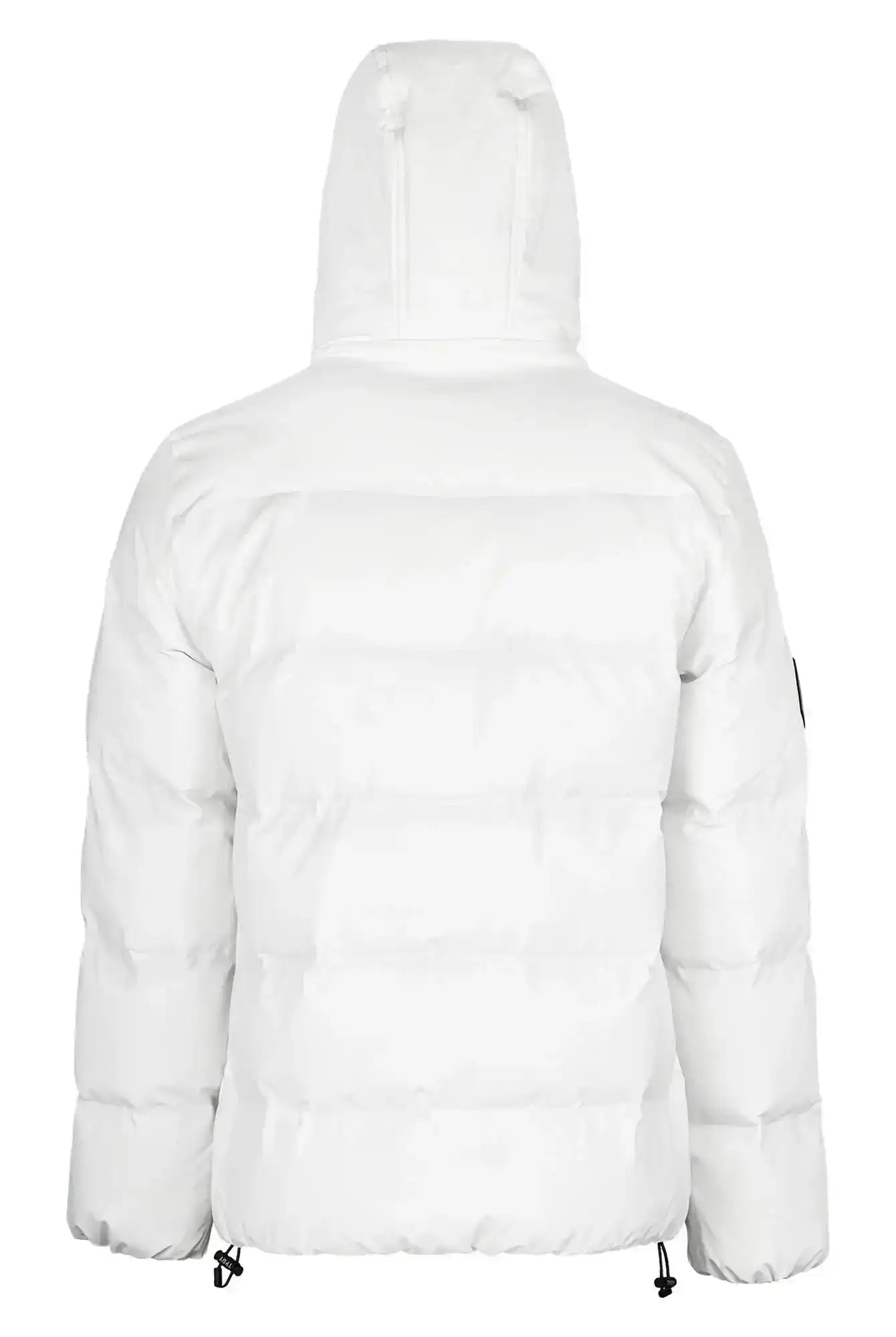 Rückenansicht der trueprodigy Franco Winterjacke: eine weiße Pufferjacke mit abnehmbarer Kapuze, gestepptem Design und verstellbaren Kordelzügen am Saum.