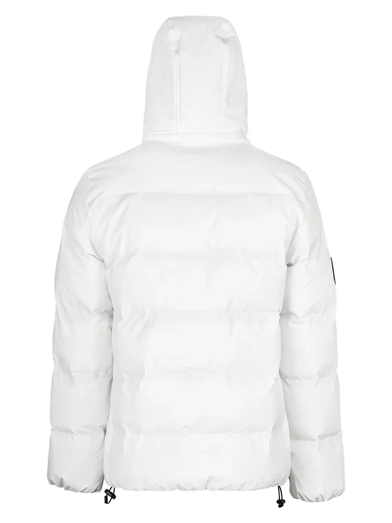 Rückenansicht der trueprodigy Franco Winterjacke: eine weiße Pufferjacke mit abnehmbarer Kapuze, gestepptem Design und verstellbaren Kordelzügen am Saum.