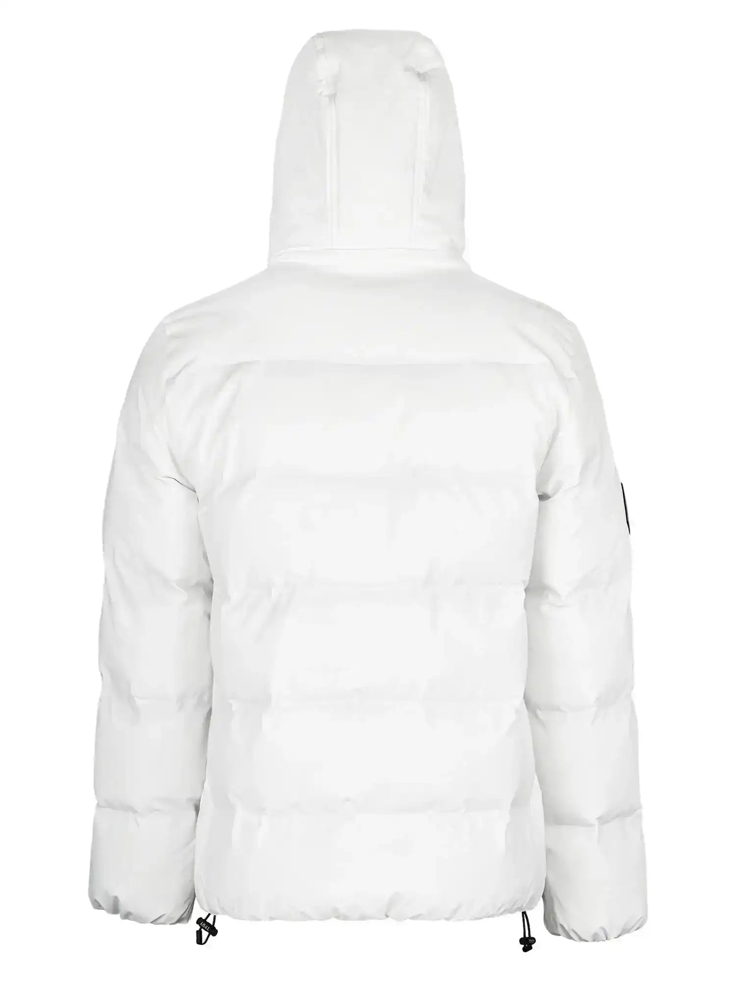Rückenansicht der trueprodigy Franco Winterjacke: eine weiße Pufferjacke mit abnehmbarer Kapuze, gestepptem Design und verstellbaren Kordelzügen am Saum.