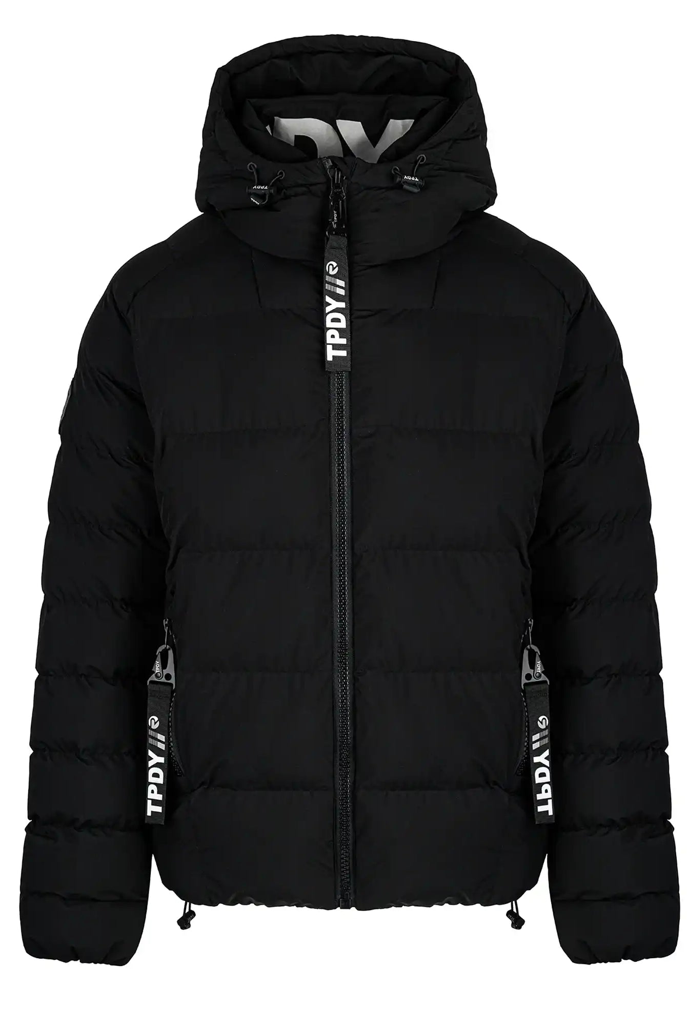 Die Murphy F Matte Steppjacke mit Kapuze von trueprodigy ist ein schwarzer Puffer mit Frontreißverschluss, zwei Seitentaschen mit Reißverschluss und weißem TPDIY- und LBDY-Text auf den Reißverschlüssen und Kordelzügen.