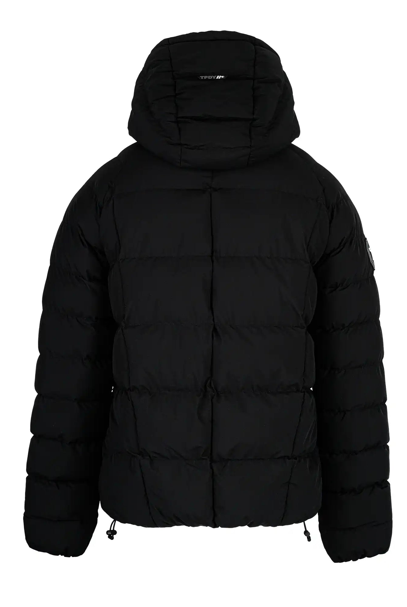 Die Murphy Matte Steppjacke mit Kapuze von trueprodigy zeigt sich von hinten in Schwarz und verfügt über eine horizontale Steppung, lange Ärmel, eine Kapuze und ein dezentes Logo oben an der Kapuze.