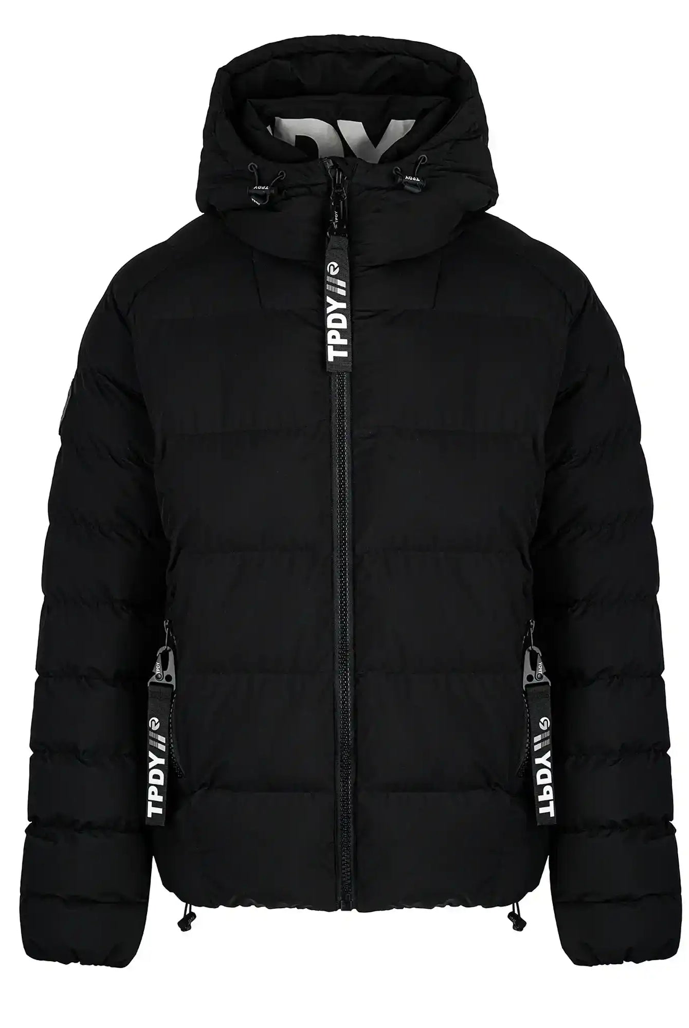 Die Murphy Matte Steppjacke mit Kapuze von trueprodigy ist eine schwarze, wasserabweisende Herrenjacke mit Frontreißverschluss, zwei Seitentaschen und schwarz-weißen Zipper-Pull-Tabs mit TPDIV- und LBDV-Aufdruck.