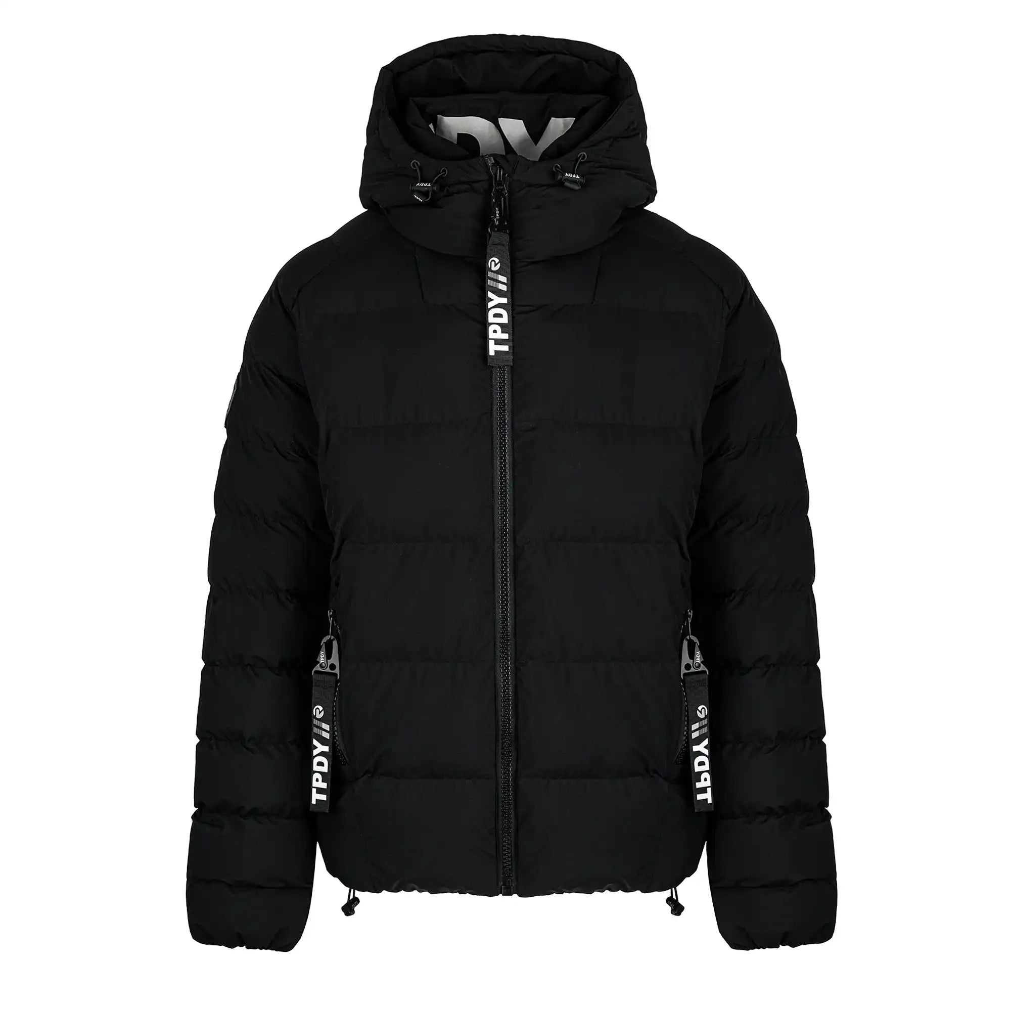 Die Murphy Matte Steppjacke mit Kapuze von trueprodigy ist eine schwarze, wasserabweisende Herrenjacke mit Frontreißverschluss, zwei Seitentaschen und schwarz-weißen Zipper-Pull-Tabs mit TPDIV- und LBDV-Aufdruck.