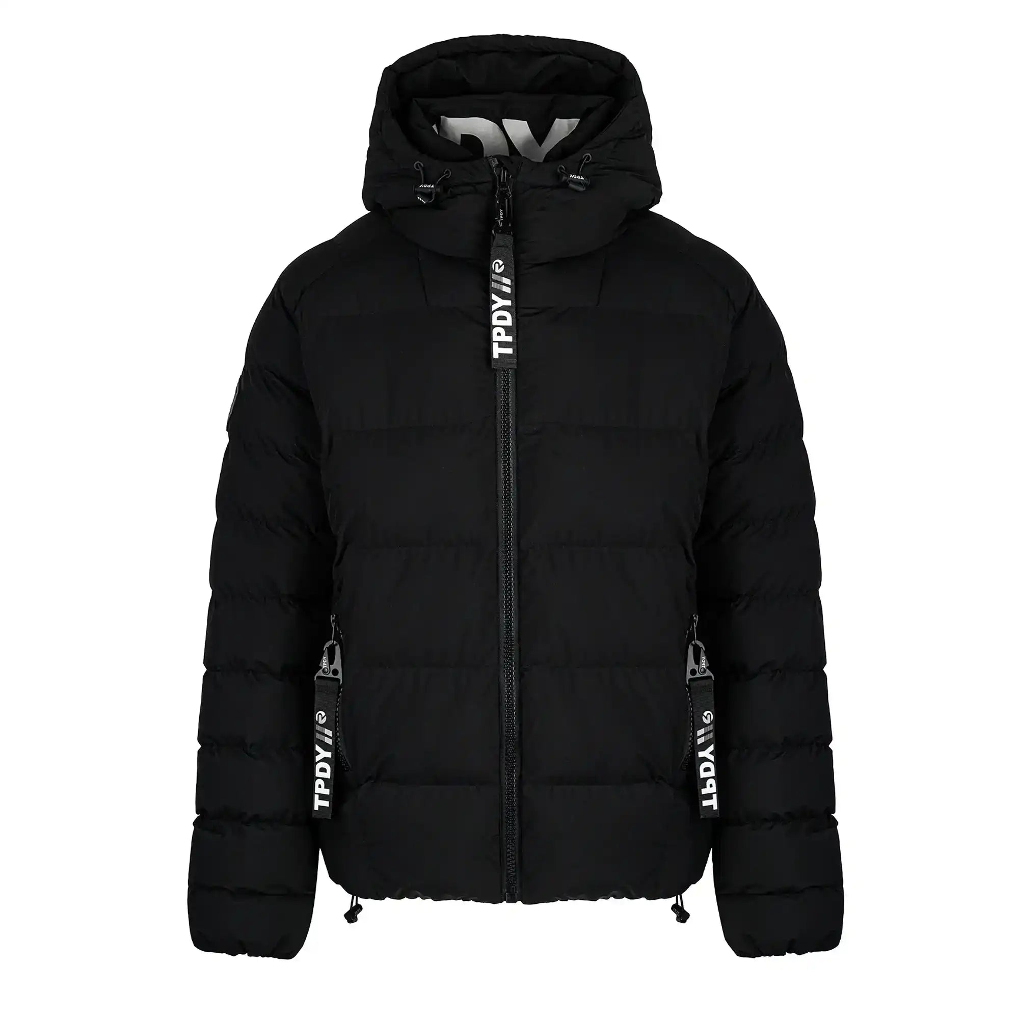 Die Murphy Matte Steppjacke mit Kapuze von trueprodigy ist eine schwarze, wasserabweisende Herrenjacke mit Frontreißverschluss, zwei Seitentaschen und schwarz-weißen Zipper-Pull-Tabs mit TPDIV- und LBDV-Aufdruck.