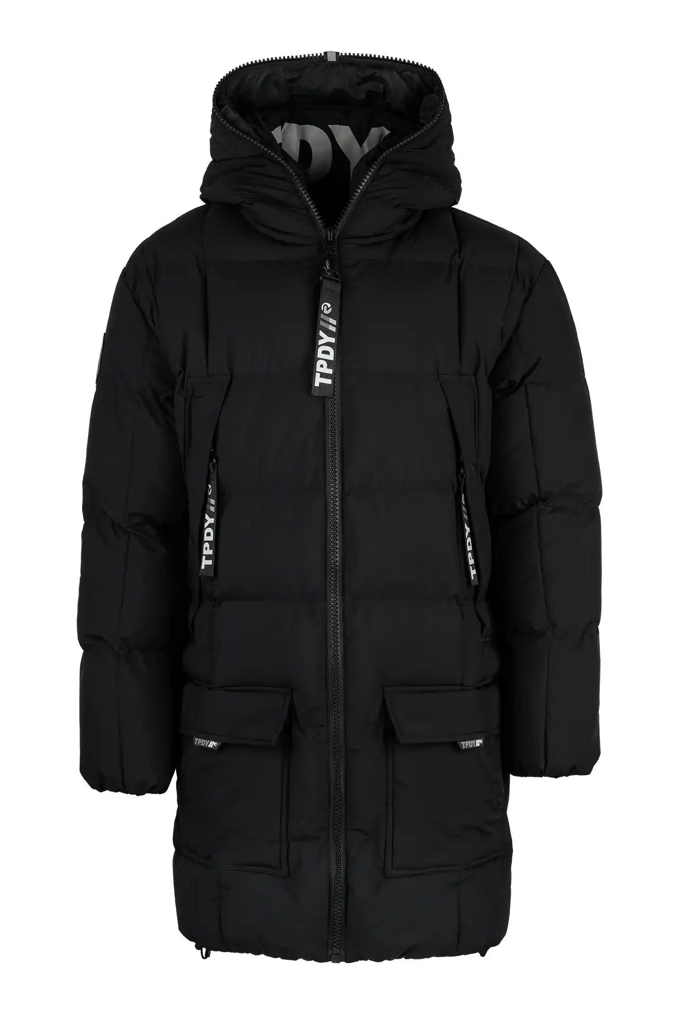 Die trueprodigy Willo F Lange Pufferjacke mit Kapuze ist ein langer, schwarzer, wasserabweisender Damenparka mit Kapuze, Frontreißverschluss, Pattentaschen und weißem TPDY-Print auf den Reißverschlusszügen und im Kragen.