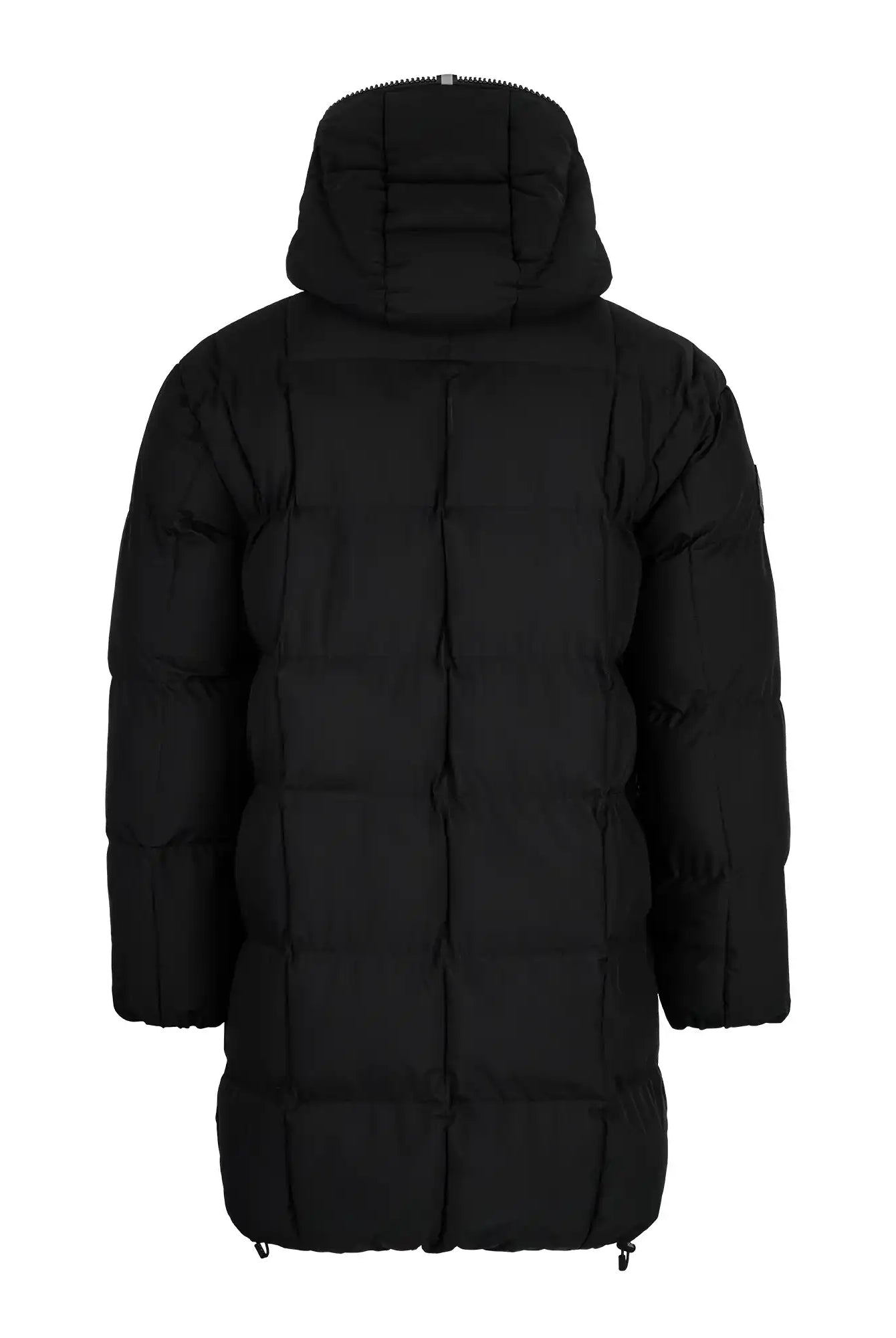 Die Willo Lange Pufferjacke mit Kapuze von trueprodigy wird von hinten gezeigt. Dieser schwarze, lange Herrenparka hat horizontale und vertikale Steppungen, lange Ärmel, einen geraden Saum und eine Kapuze.