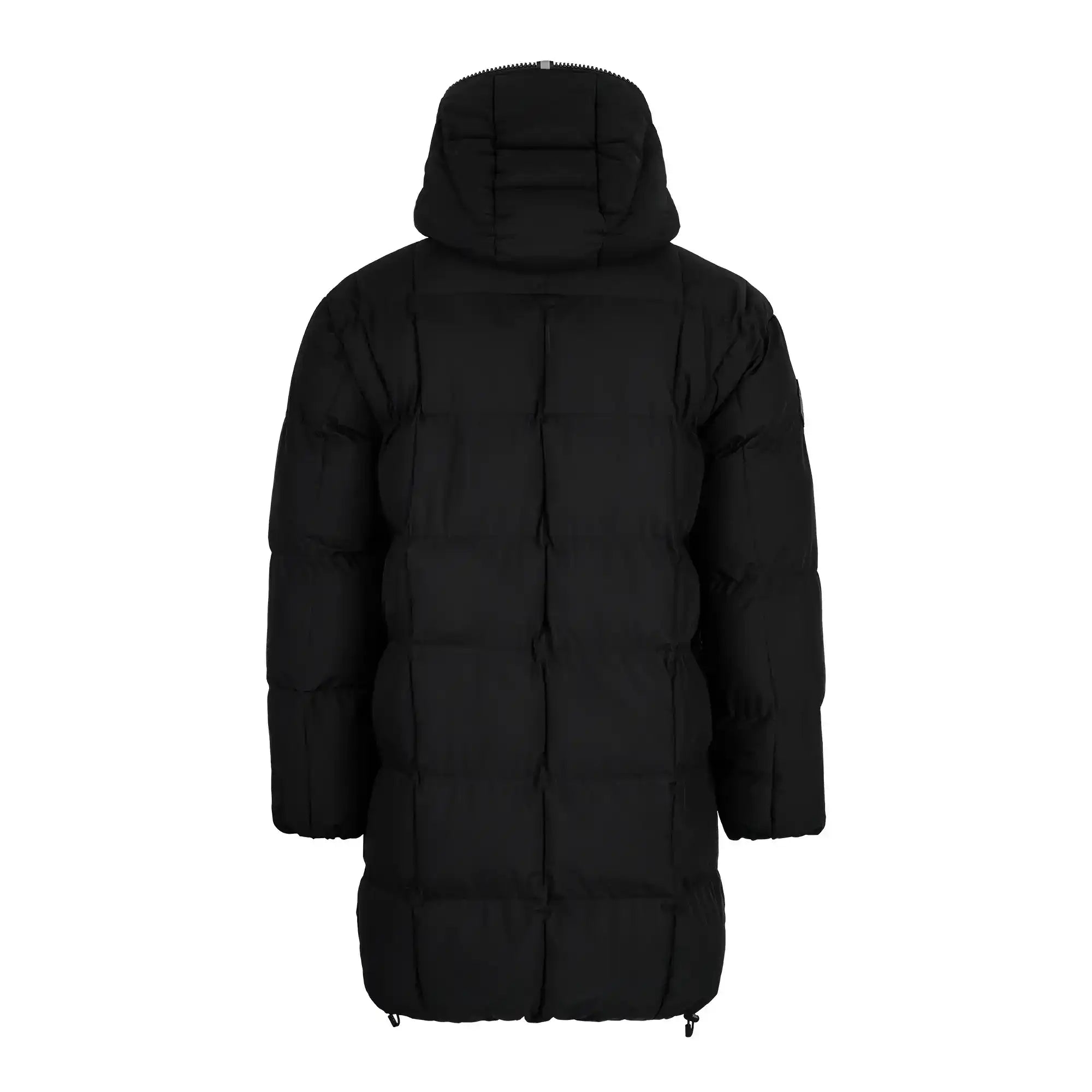 Die Willo Lange Pufferjacke mit Kapuze von trueprodigy wird von hinten gezeigt. Dieser schwarze, lange Herrenparka hat horizontale und vertikale Steppungen, lange Ärmel, einen geraden Saum und eine Kapuze.