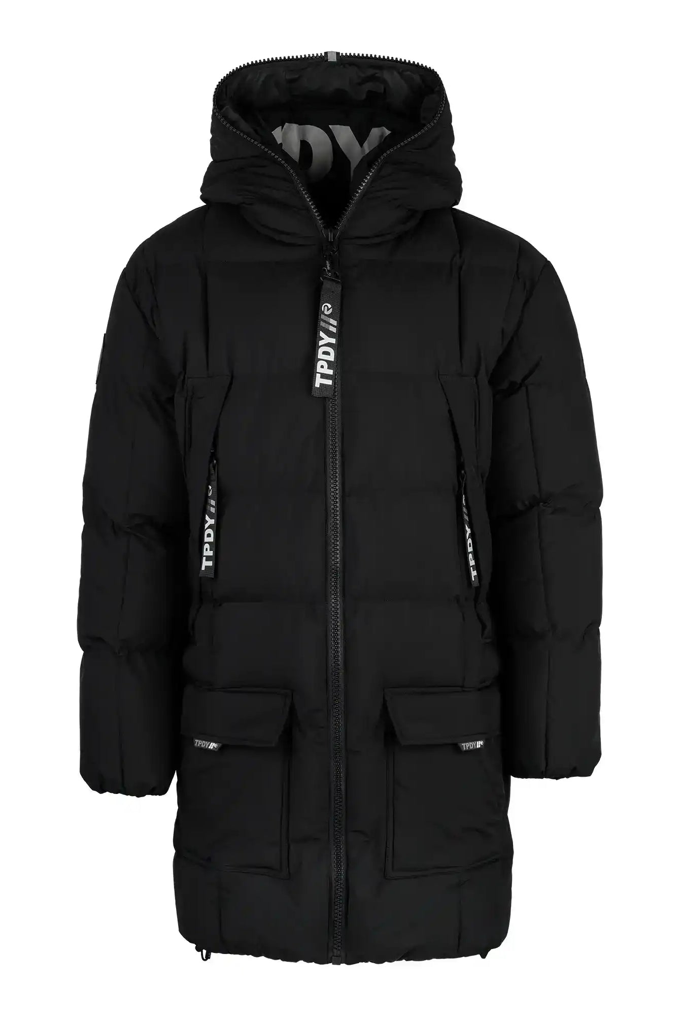 Die trueprodigy Willo Lange Pufferjacke mit Kapuze ist ein schwarzer, wattierter Herrenparka mit Frontreißverschluss, zwei großen Pattentaschen, vertikalen Reißverschluss-Brusttaschen, "TPOY" auf Reißverschlüssen und Kapuzenfutter, und ist wasserabweisend.
