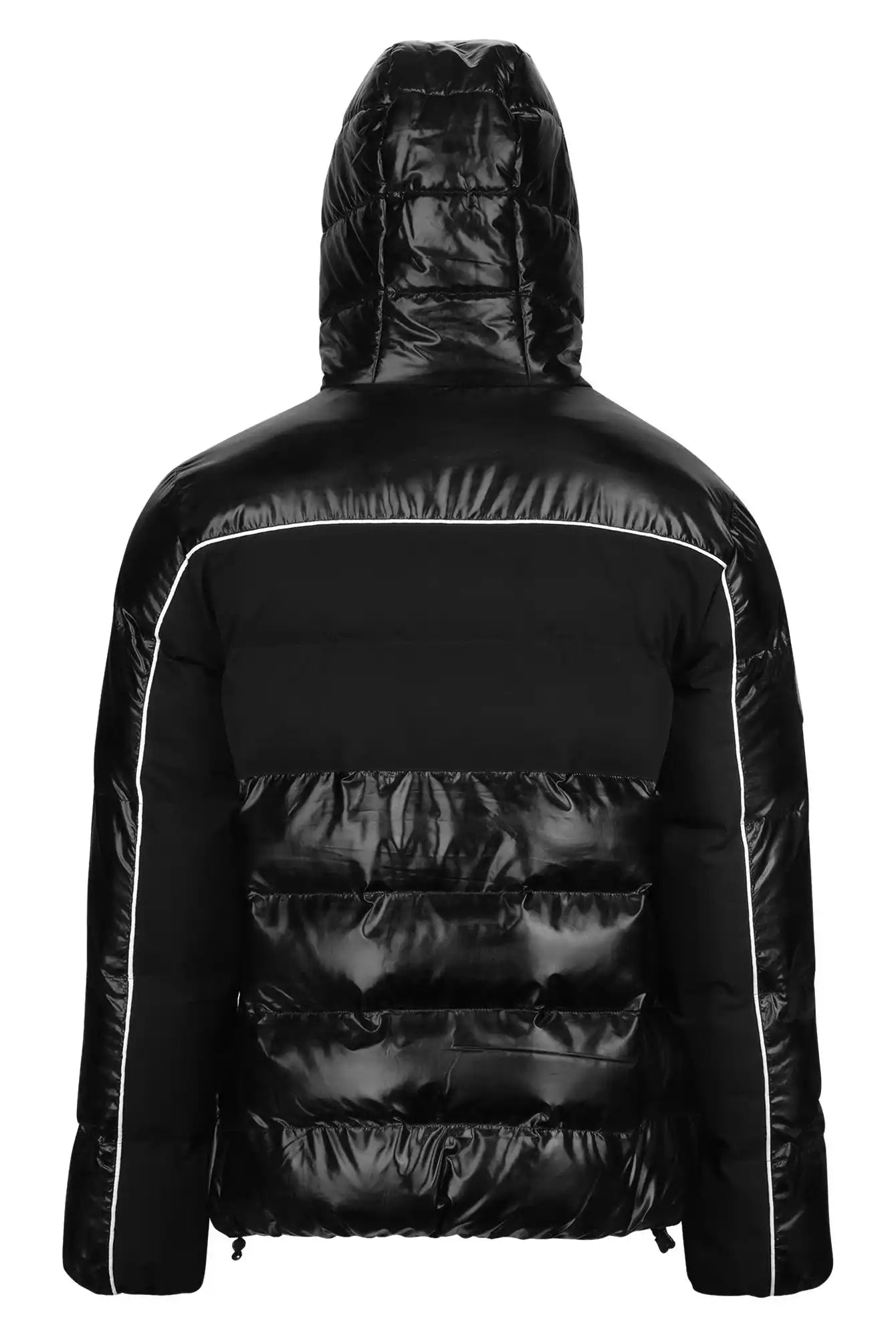 Die Clark Winterjacke mit Kapuze und Logo von trueprodigy ist eine reflektierende, schwarze Herrenjacke mit horizontaler Steppung, weißer Paspelierung an den Nähten und geradem Saum-ideal für kalte Tage.