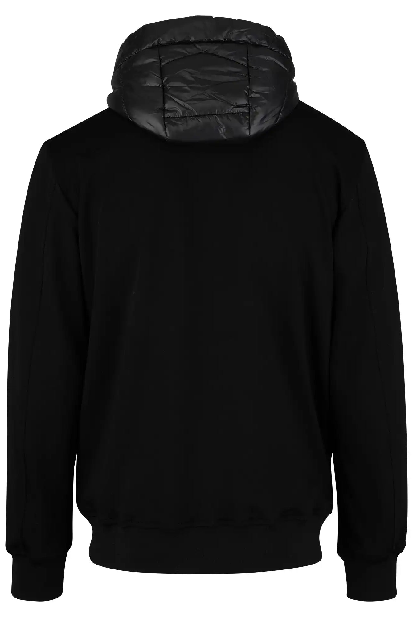 Die trueprodigy Gesteppte Herren Übergangsjacke für urbanen City-Style in Schwarz wird von hinten gezeigt und überzeugt mit glänzend gestepptem Kapuze, langen Ärmeln sowie gerippten Bündchen und Saum.