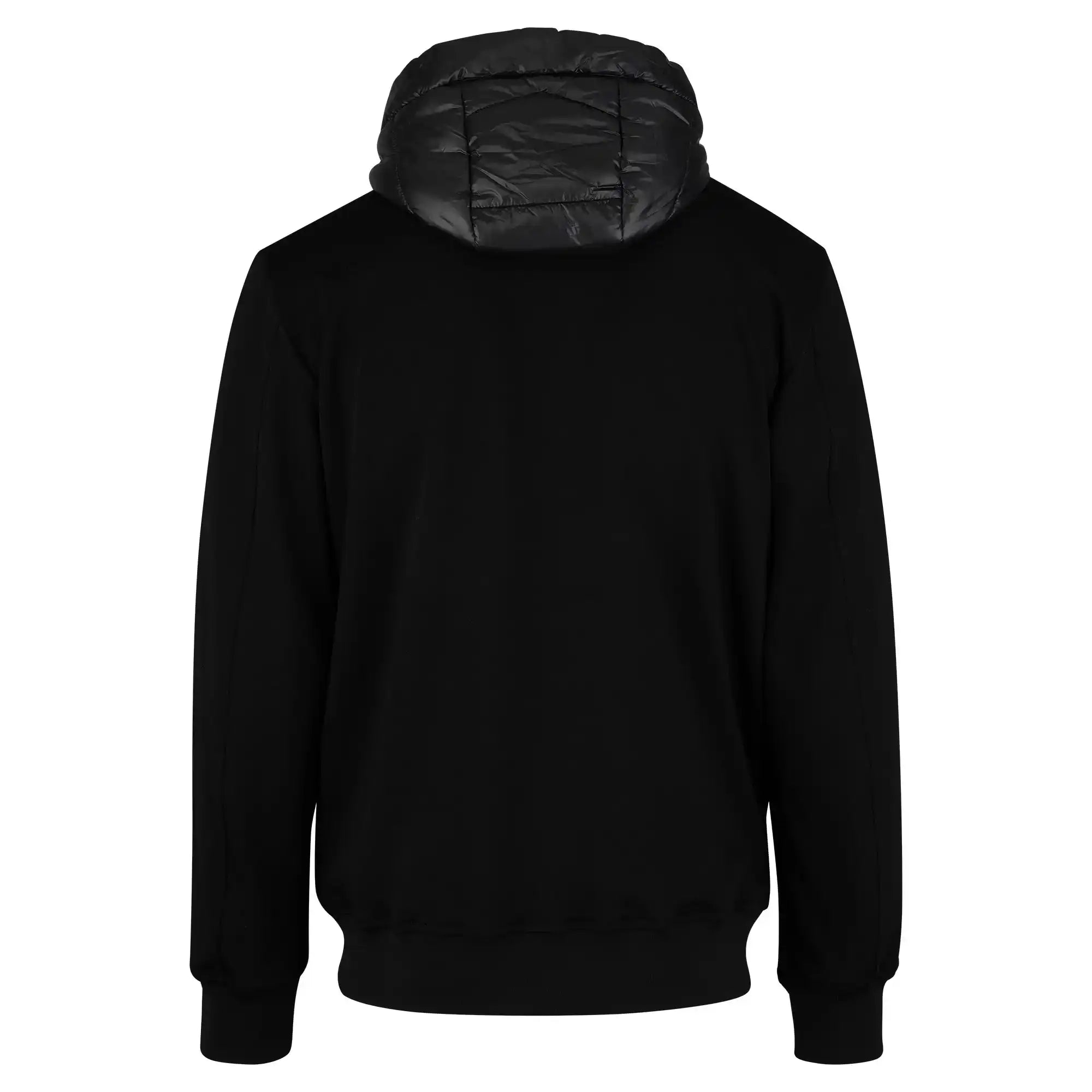 Die trueprodigy Gesteppte Herren Übergangsjacke für urbanen City-Style in Schwarz wird von hinten gezeigt und überzeugt mit glänzend gestepptem Kapuze, langen Ärmeln sowie gerippten Bündchen und Saum.