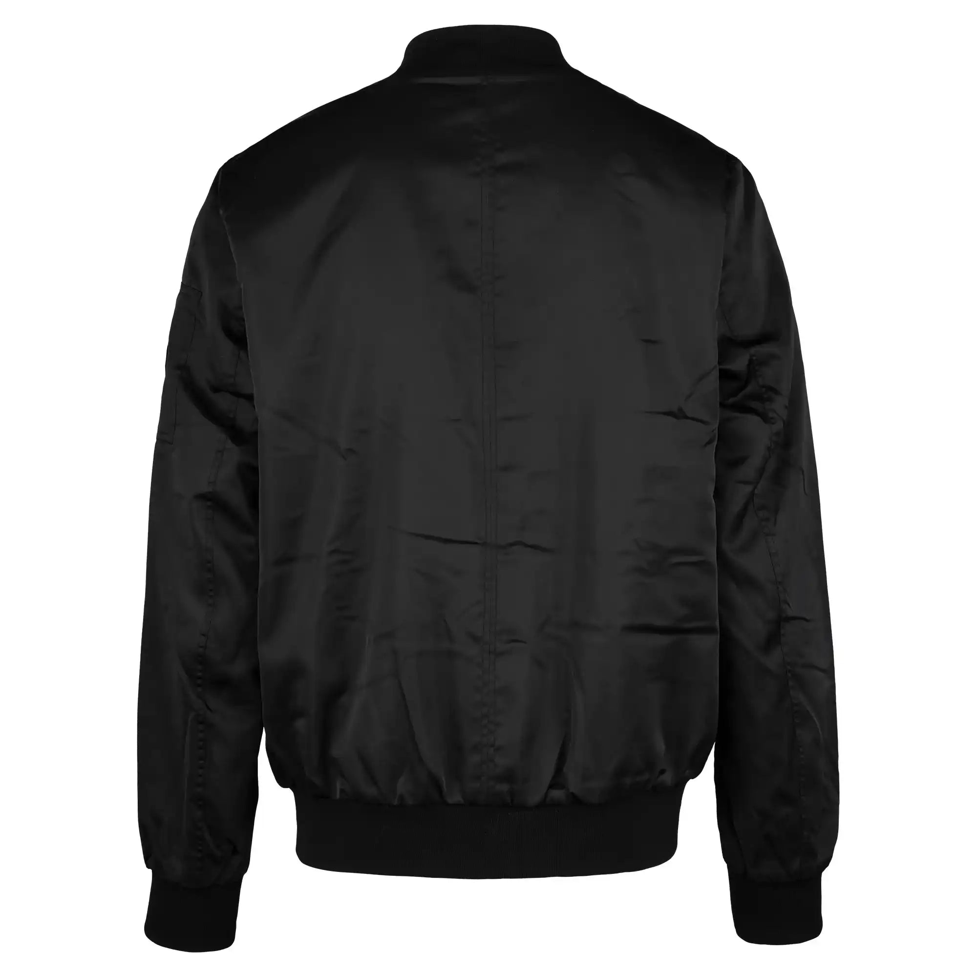 Die trueprodigy Elegante Damen Bomber Jacke mit glänzender, glatter schwarzer Oberfläche zeigt sich von hinten und ist mit gerippten Bündchen, Bund und Kragen ausgestattet. Auf dieser Jacke sind keine sichtbaren Logos oder Markierungen zu sehen.