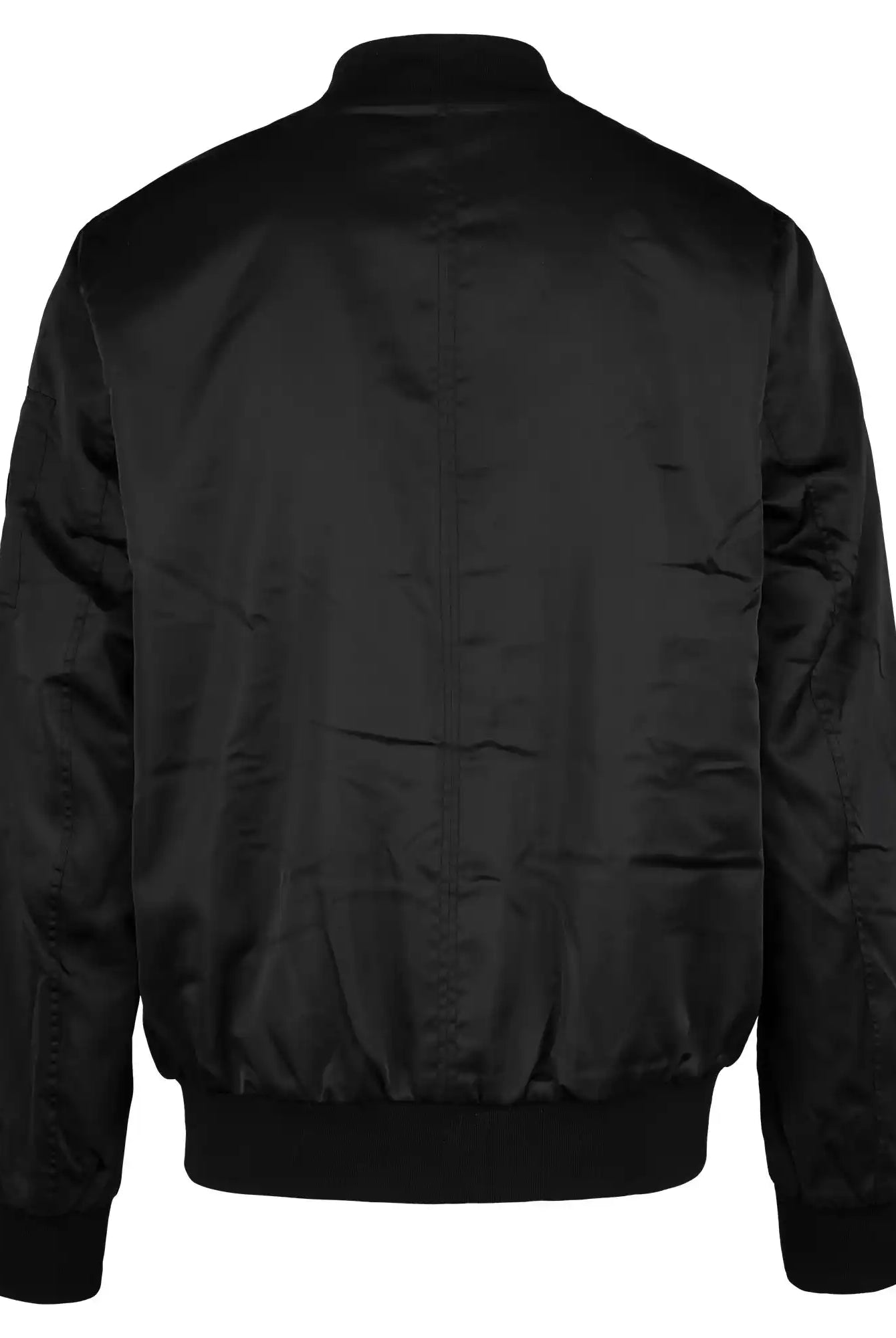 Die von hinten gezeigte schwarze "Klassische Herren Bomberjacke mit glänzender Oberfläche" von trueprodigy verfügt über gerippte Bündchen, Bund und Kragen; der glatte, glänzende Stoff und die sichtbaren Nähte unterstreichen den urbanen Stil.