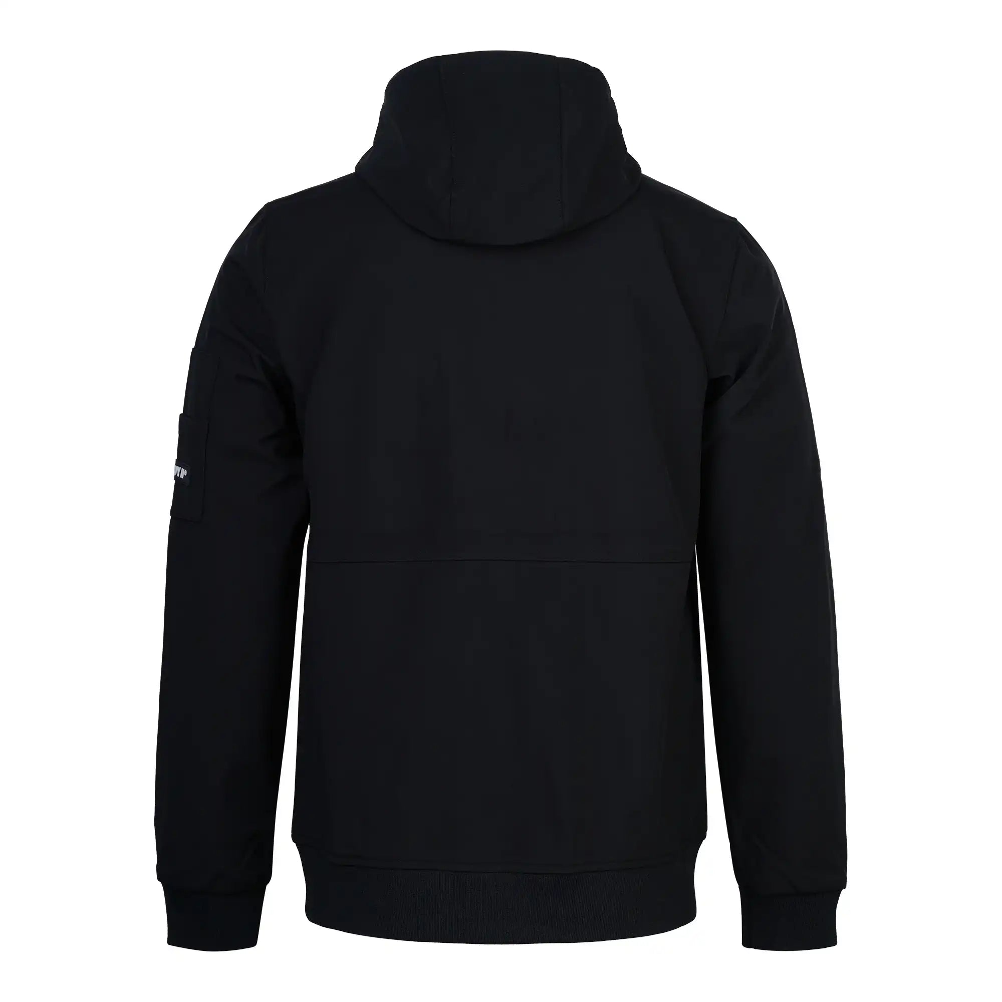 Die schwarze trueprodigy Leichte Herrenjacke mit Brust- und Ärmelbadge zeigt sich von hinten, mit langen Ärmeln, winddichtem Design, linker Armtasche, geradem Saum und einem glatten, atmungsaktiven Stoff ohne sichtbare Logos oder Muster.