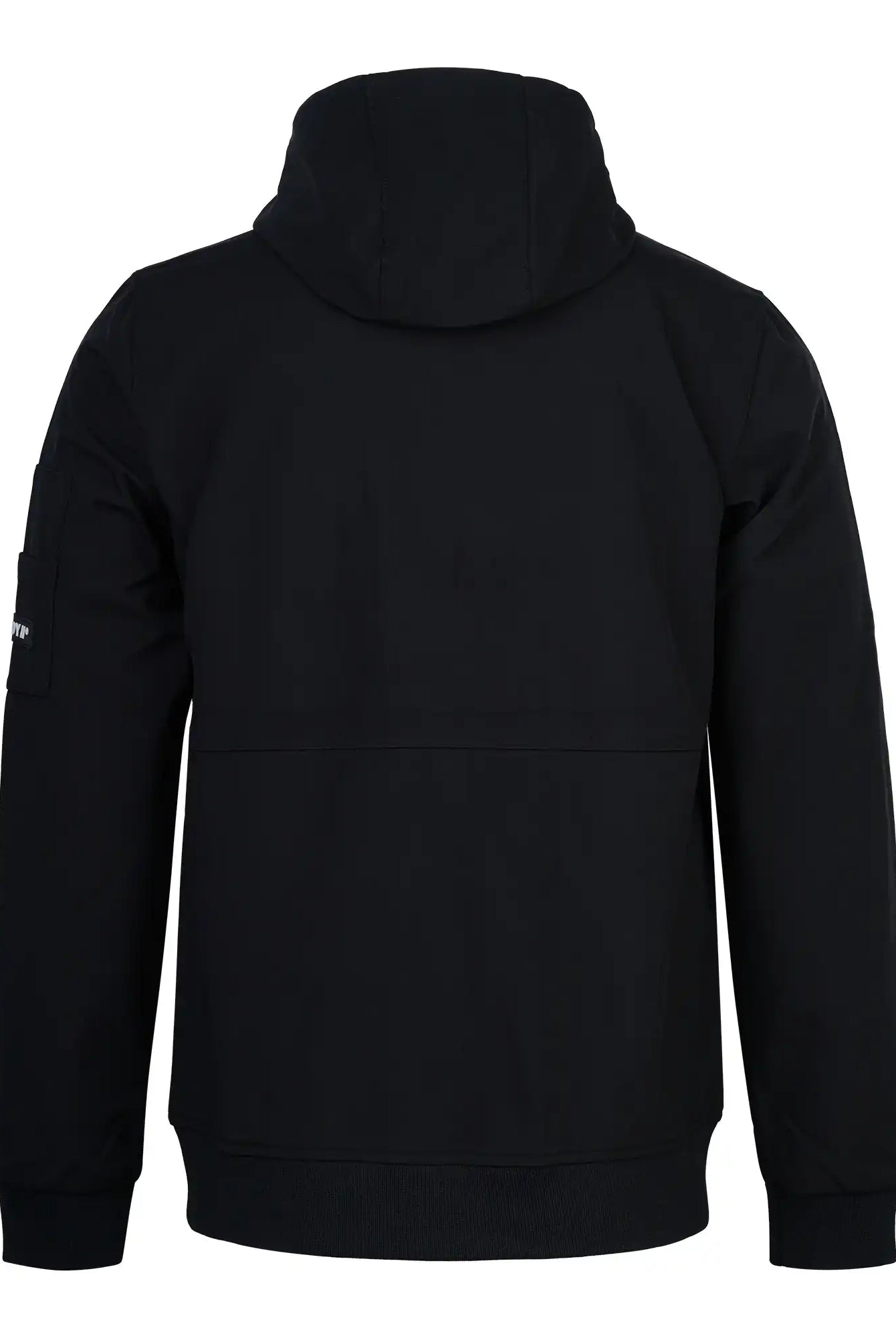 Die trueprodigy Lucas Leichte Herrenjacke ist von hinten schwarz, hat lange Ärmel, ein Brust- und ein linkes Oberarmabzeichen und einen schlichten Outdoor-Stil ohne sichtbare Logos oder Verzierungen.