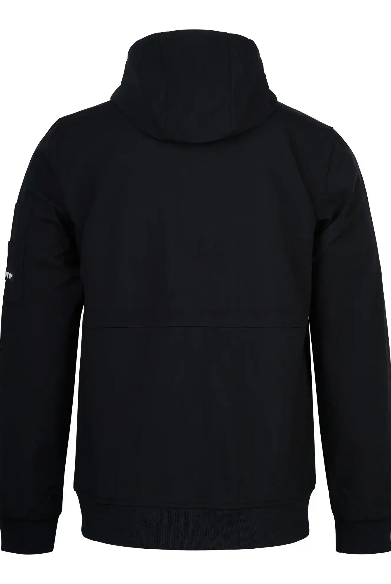 Die trueprodigy Lucas Leichte Herrenjacke ist von hinten schwarz, hat lange Ärmel, ein Brust- und ein linkes Oberarmabzeichen und einen schlichten Outdoor-Stil ohne sichtbare Logos oder Verzierungen.