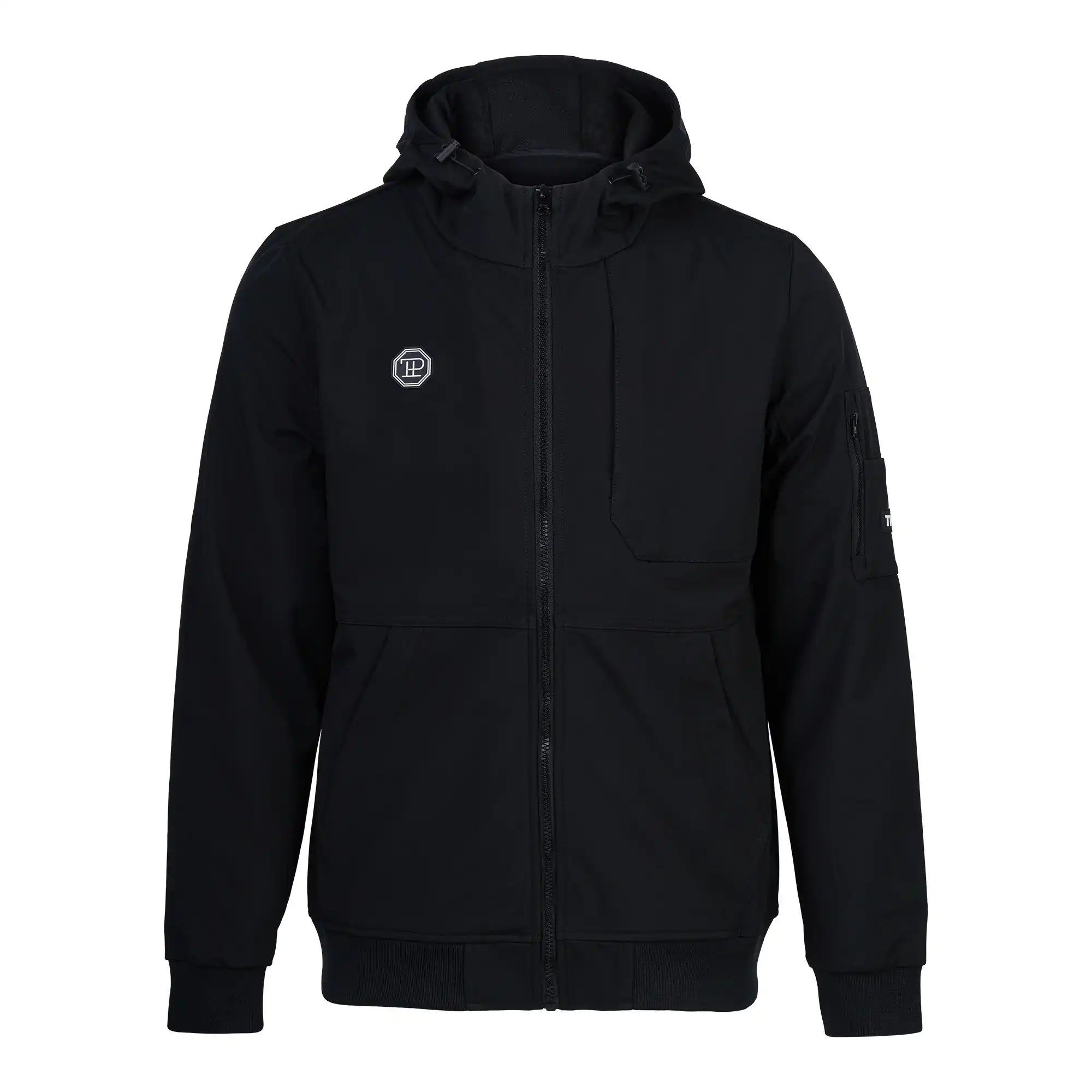 Die trueprodigy Leichte Herrenjacke mit Brust- und Ärmelbadge in schwarz hat ein kleines weißes Logo auf der linken Brust, Seiten- und Brusttaschen, Ärmeltasche, Rippenbündchen und Saum. Winddicht und atmungsaktiv. Auf einfarbig weißem Hintergrund.
