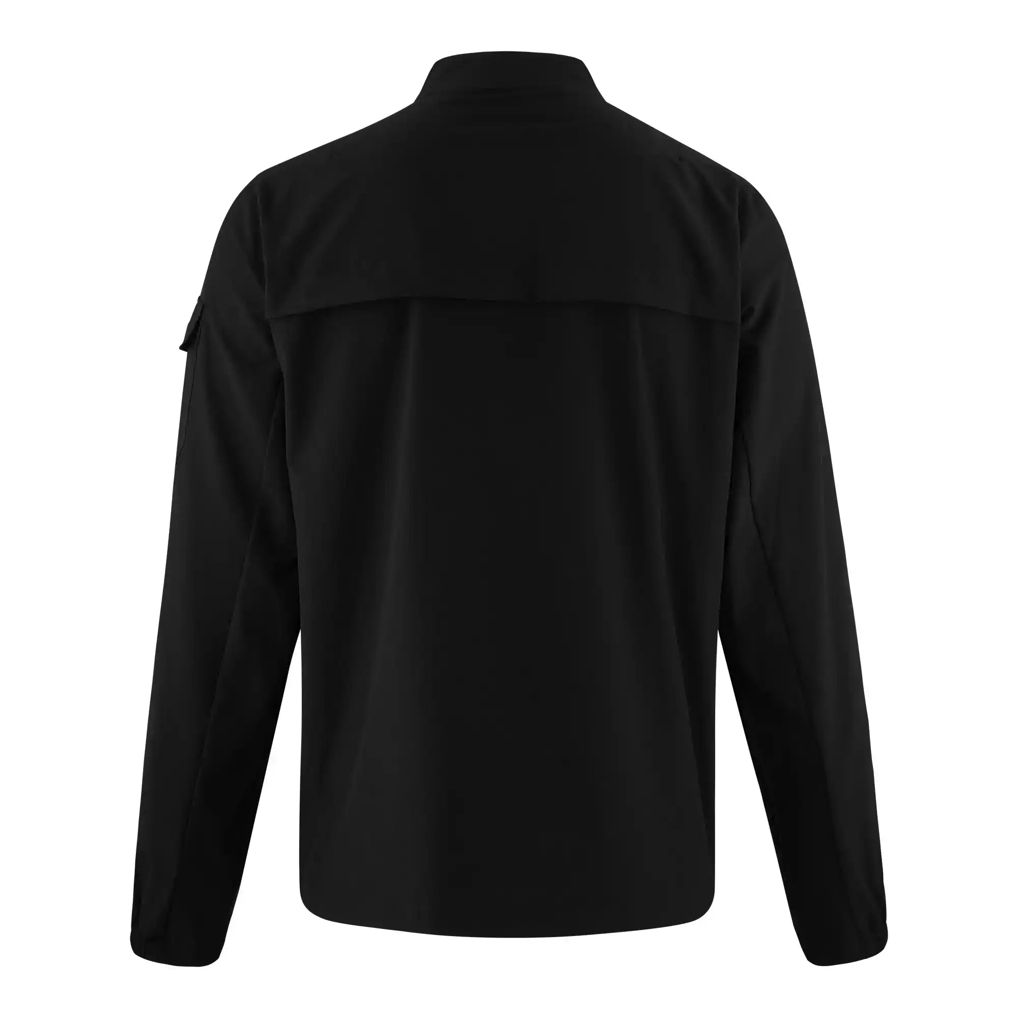 Die trueprodigy Henry Leichte Sportjacke mit Stehkragen in Schwarz zeigt sich von hinten mit geradem Saum, Stehkragen, Laschendetail am oberen Rücken und einem schlichten, minimalen Look ohne sichtbare Logos oder Muster.