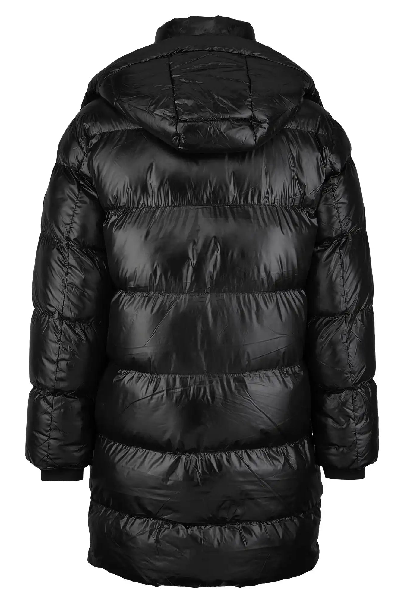 Die trueprodigy Herren Winterjacke mit abnehmbarer Kapuze im Regular Fit ist ein langer, schwarzer Parka in glänzender Optik mit horizontaler Steppung, der hinten gezeigt wird und für zusätzlichen Schutz über die Hüfte reicht.