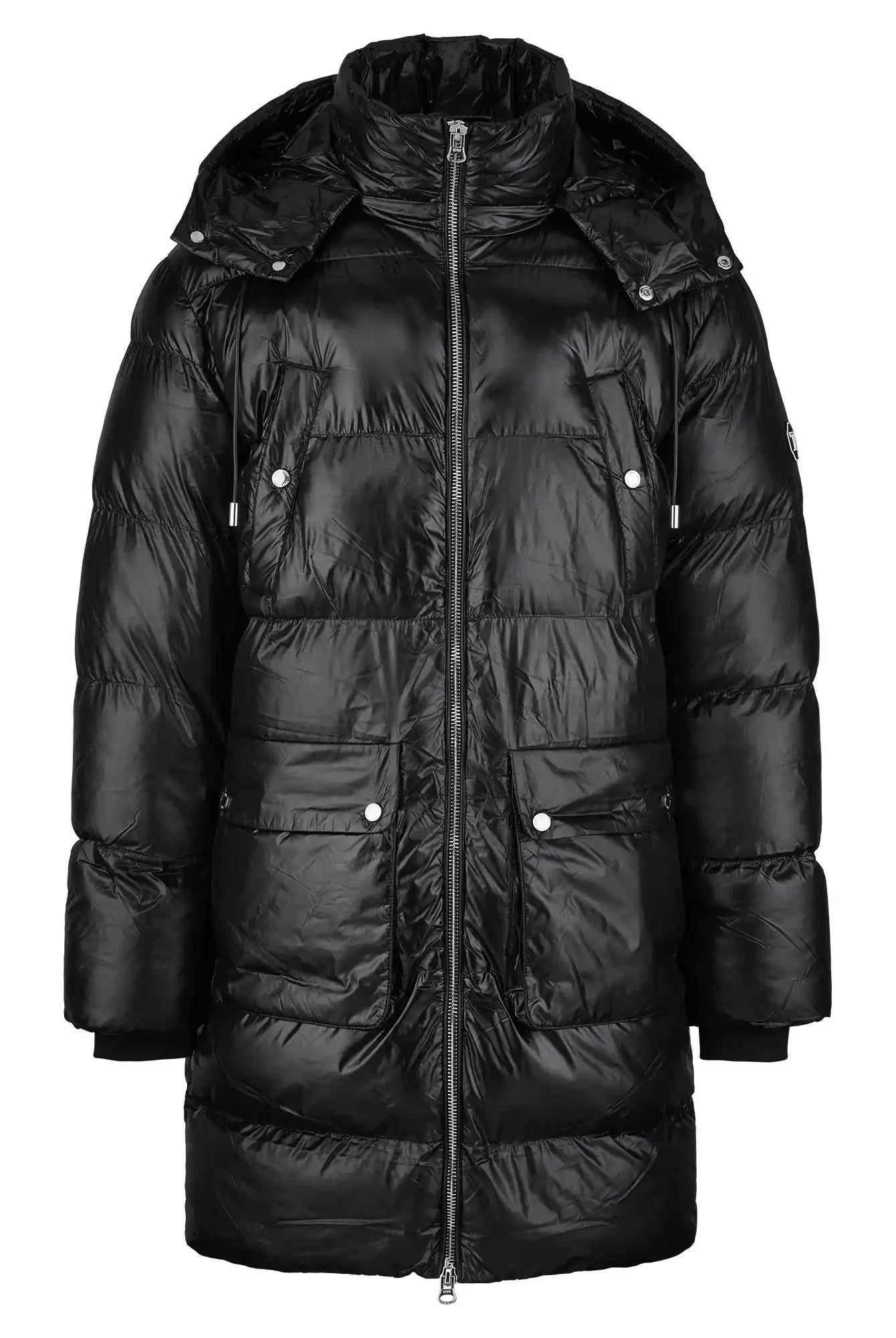 Die trueprodigy Herren Winterjacke mit abnehmbarer Kapuze im Regular Fit ist eine lange, schwarze Pufferjacke mit glänzender Optik, Frontreißverschluss, Brust- und Klappentaschen, gestepptem Design und hält bis zum Oberschenkel warm.