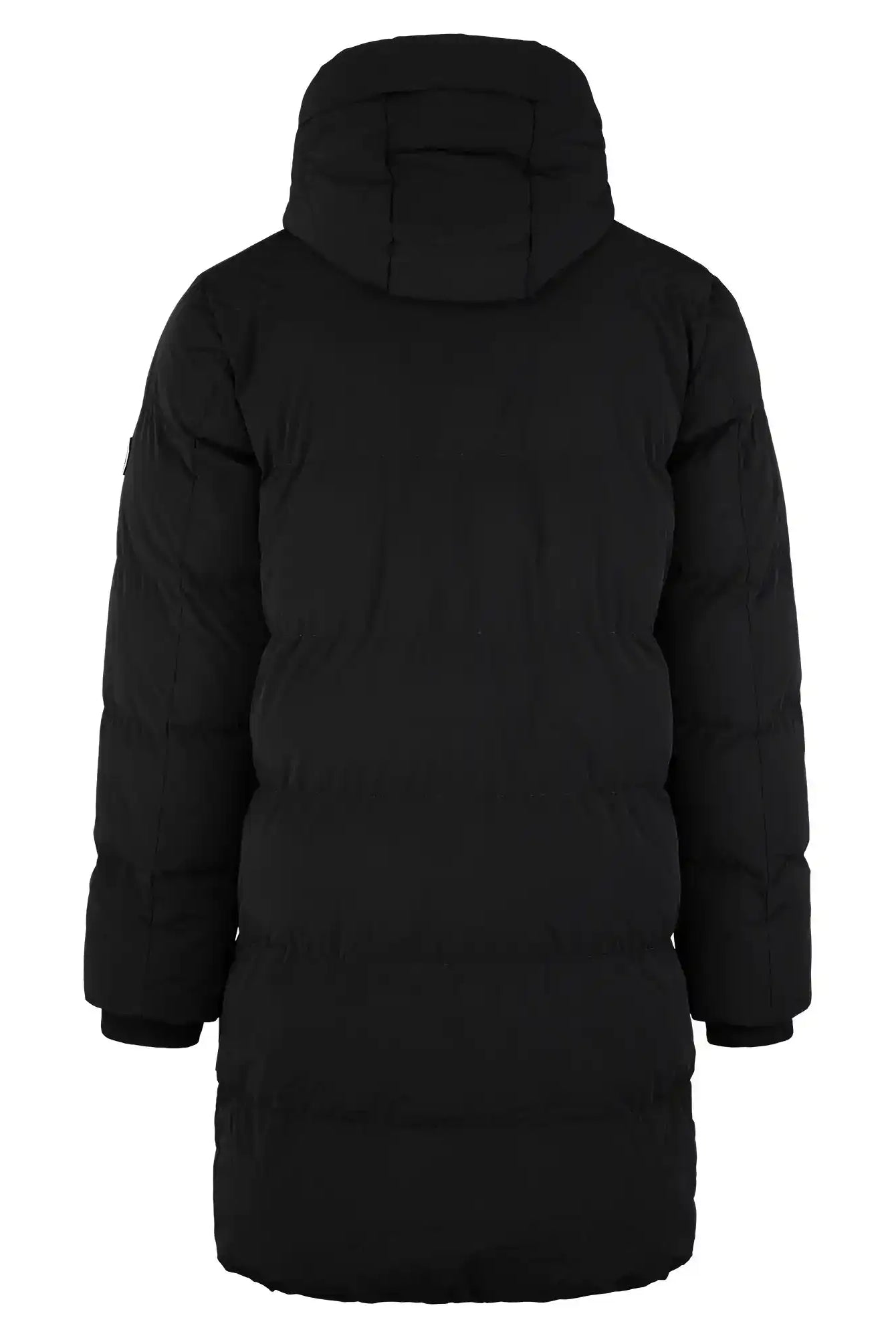 Ein langer schwarzer Damen Parka mit fester Kapuze von trueprodigy im Regular Fit wird von hinten gezeigt. Der Mantel ist wasserabweisend, hat horizontale Steppung, lange Ärmel und reicht bis zur Mitte der Oberschenkel.