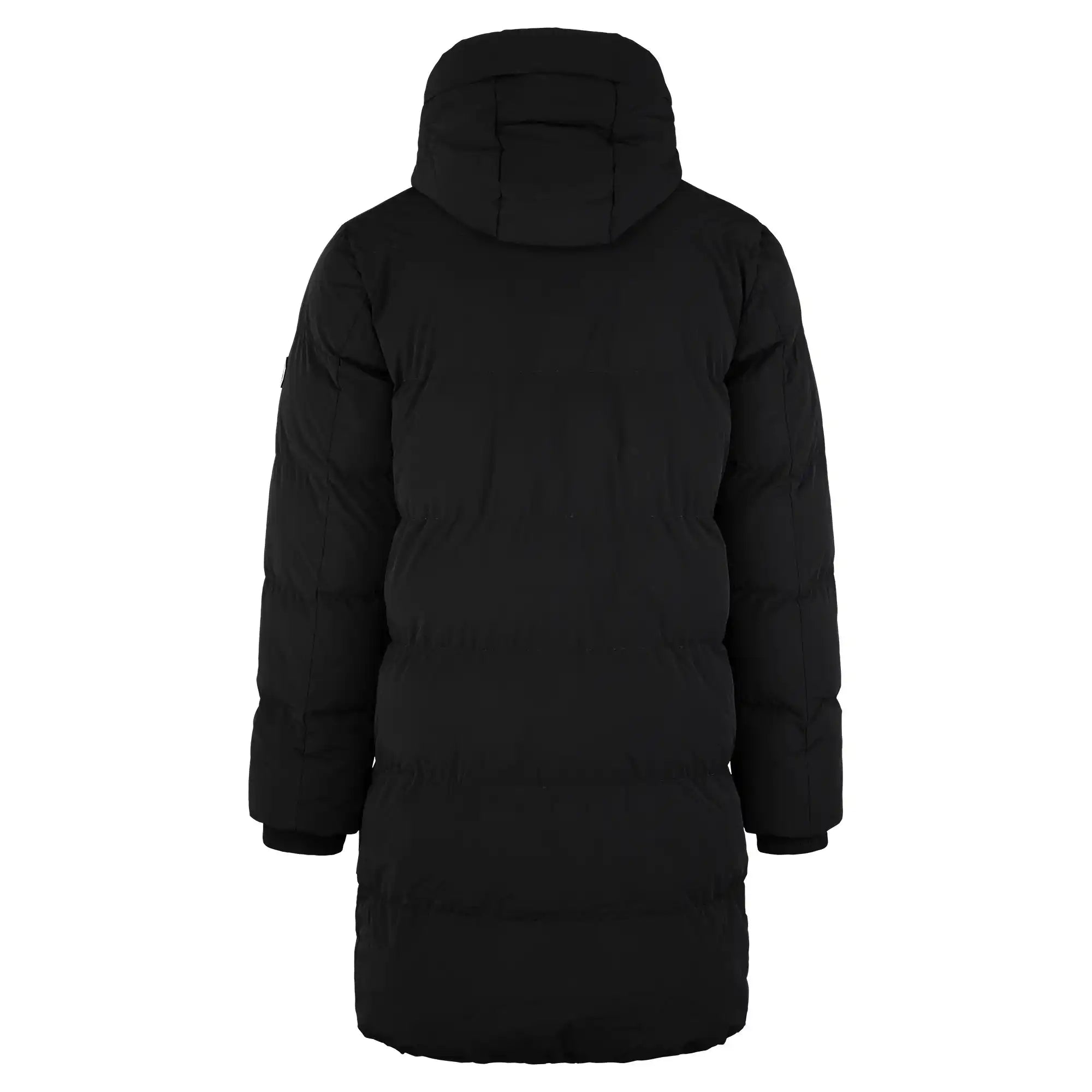 Ein langer schwarzer Damen Parka mit fester Kapuze von trueprodigy im Regular Fit wird von hinten gezeigt. Der Mantel ist wasserabweisend, hat horizontale Steppung, lange Ärmel und reicht bis zur Mitte der Oberschenkel.