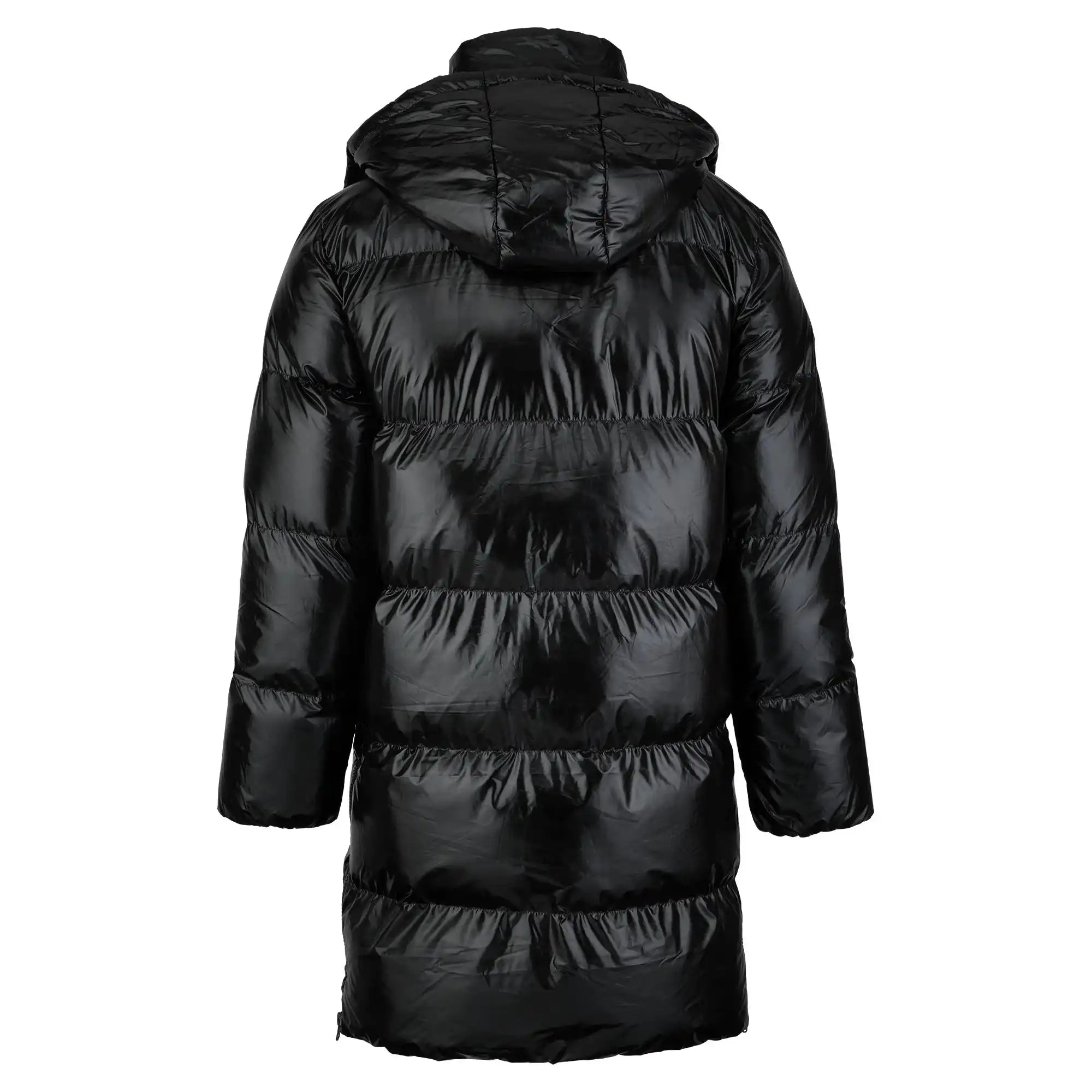 Die trueprodigy Damen Winterjacke mit hochglänzender Oberfläche im Regular Fit, mit langen Ärmeln, abnehmbarer Kapuze und horizontaler Steppung, wird von hinten vor weißem Hintergrund gezeigt.