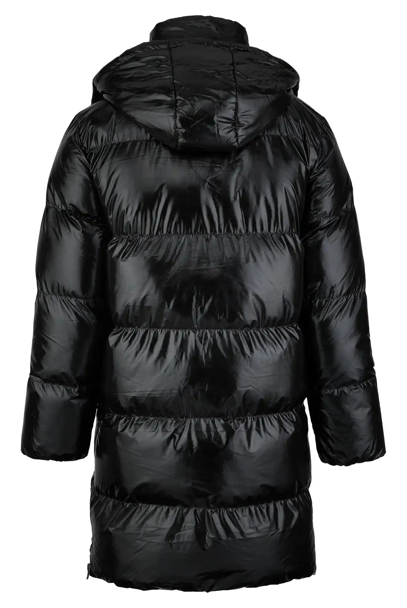 Die trueprodigy Herren Winterjacke mit hochglänzender Oberfläche im Regular Fit wird von hinten gezeigt und zeichnet sich durch horizontale Steppungen, eine abnehmbare Kapuze und lange Ärmel aus.