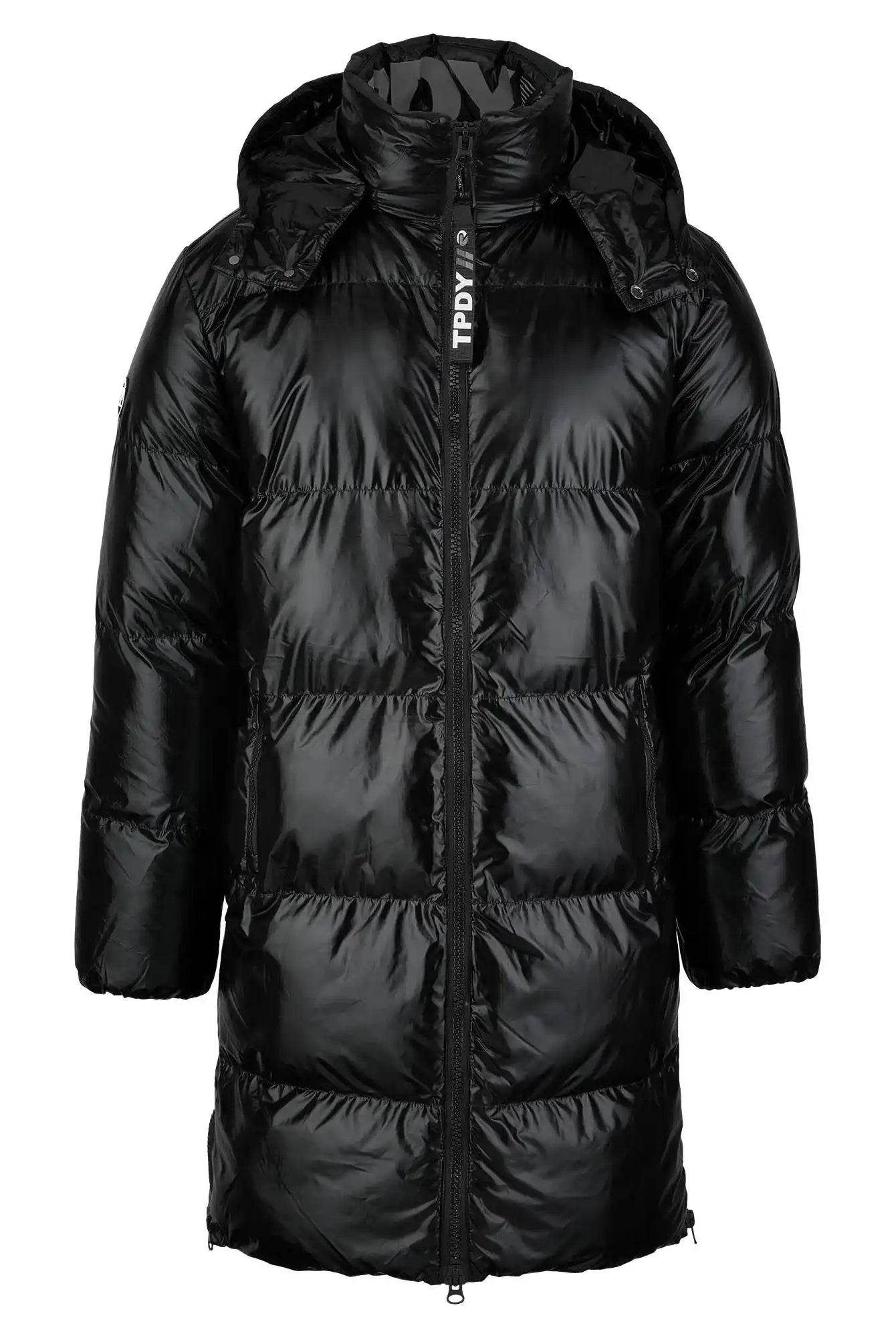 Die trueprodigy Herren Winterjacke mit hochglänzender Oberfläche und Regular Fit, Frontreißverschluss und abnehmbarer Kapuze wird vor weißem Hintergrund präsentiert.