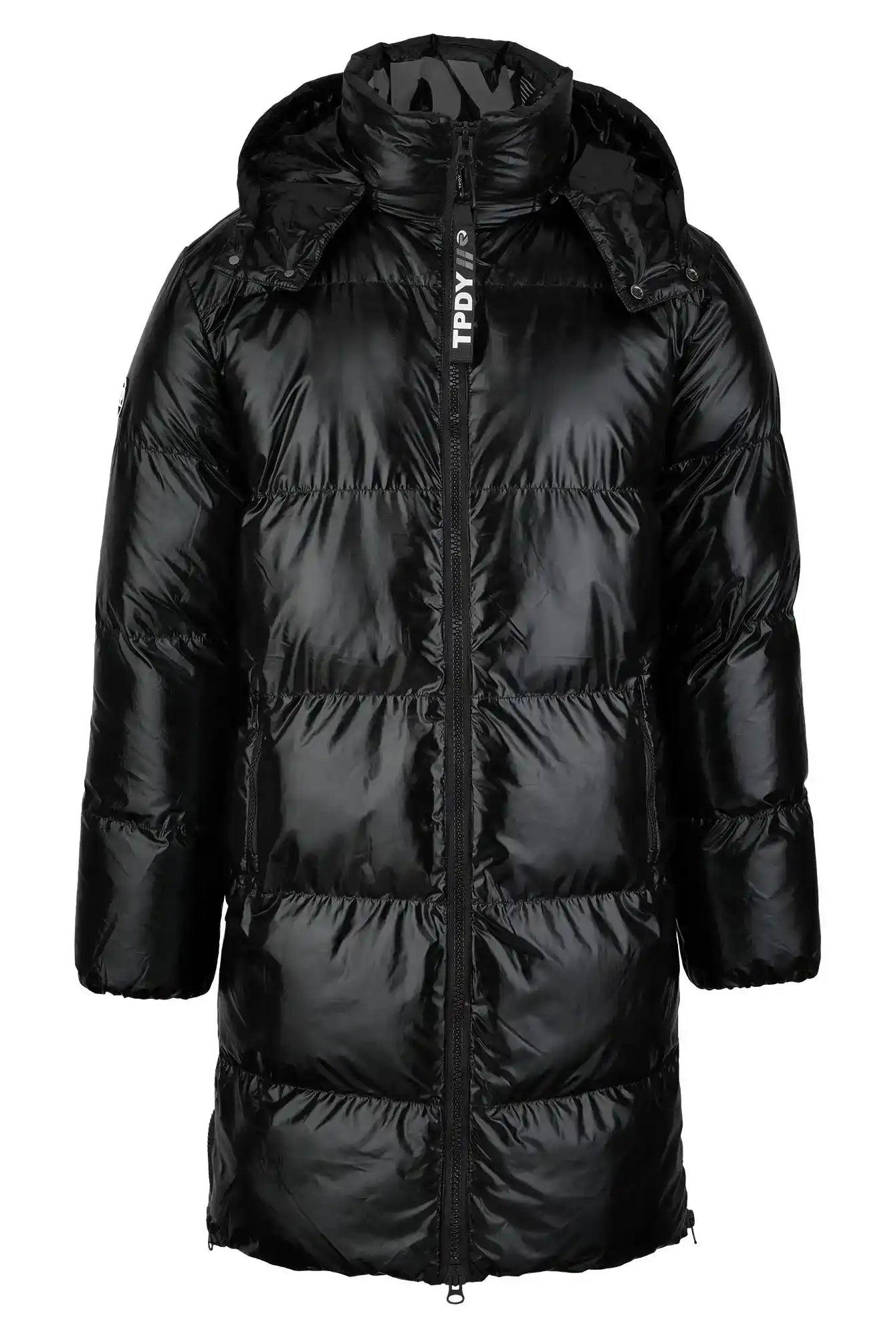 Die trueprodigy Herren Winterjacke mit hochglänzender Oberfläche und Regular Fit, Frontreißverschluss und abnehmbarer Kapuze wird vor weißem Hintergrund präsentiert.