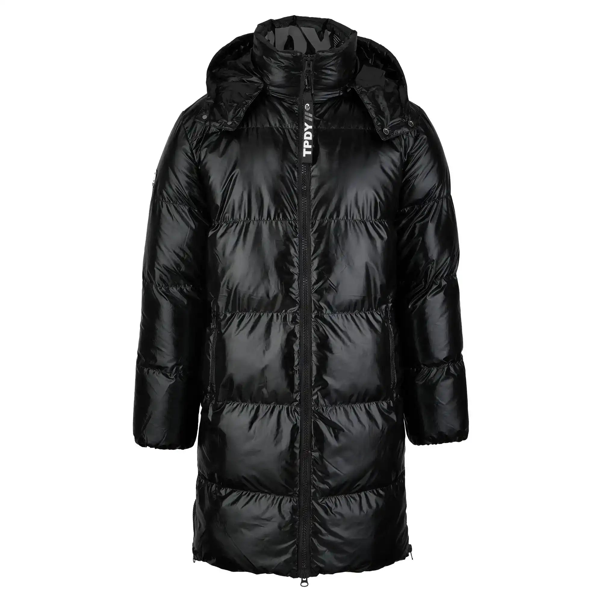 Die trueprodigy Herren Winterjacke mit hochglänzender Oberfläche und Regular Fit, Frontreißverschluss und abnehmbarer Kapuze wird vor weißem Hintergrund präsentiert.