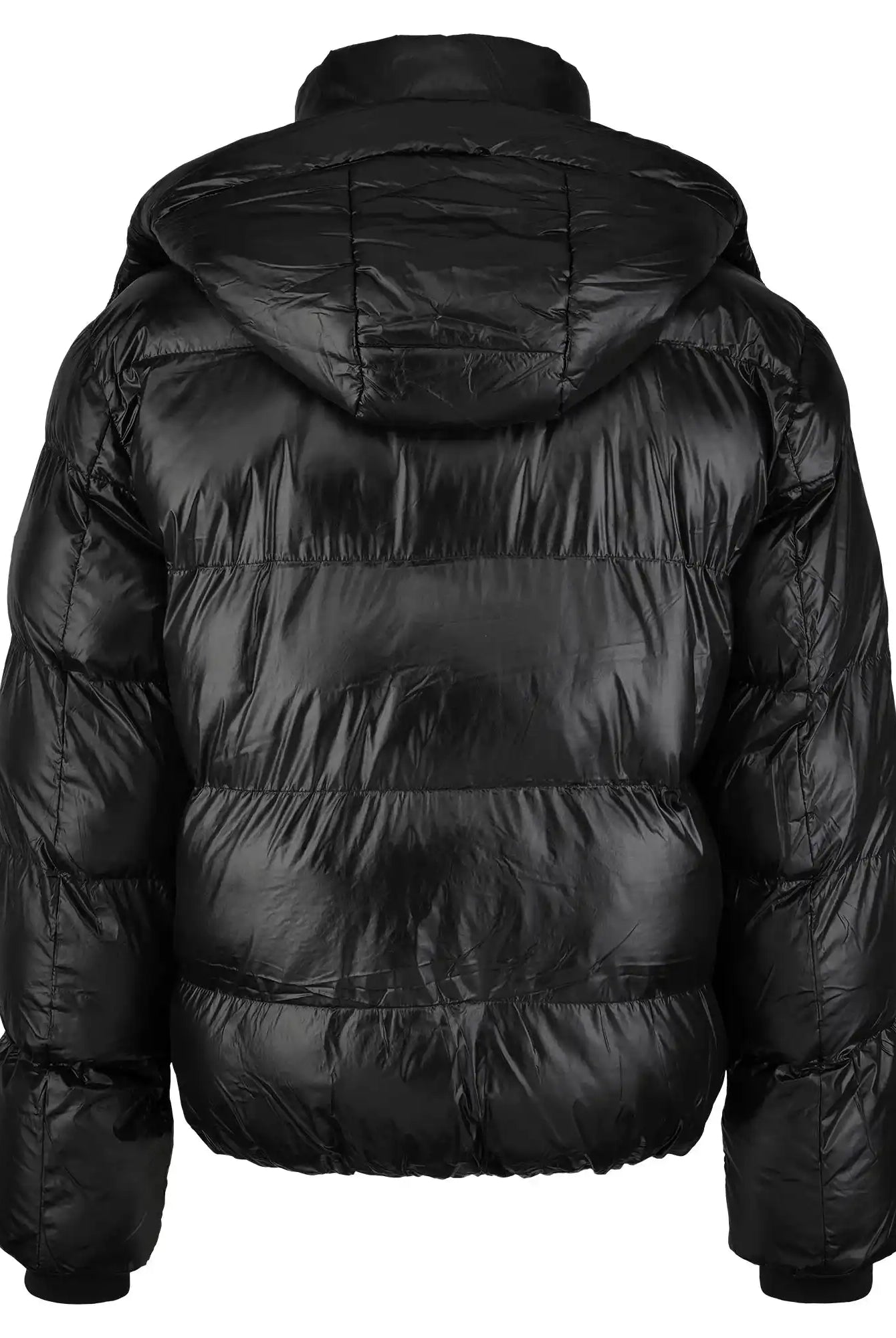 Die trueprodigy Herren Winterjacke mit hochglänzender Oberfläche im Regular Fit zeigt sich von hinten, mit horizontaler Steppung, langen Ärmeln, einer Kapuze und einem leicht glänzenden Synthetikmaterial für ein glänzendes Finish.