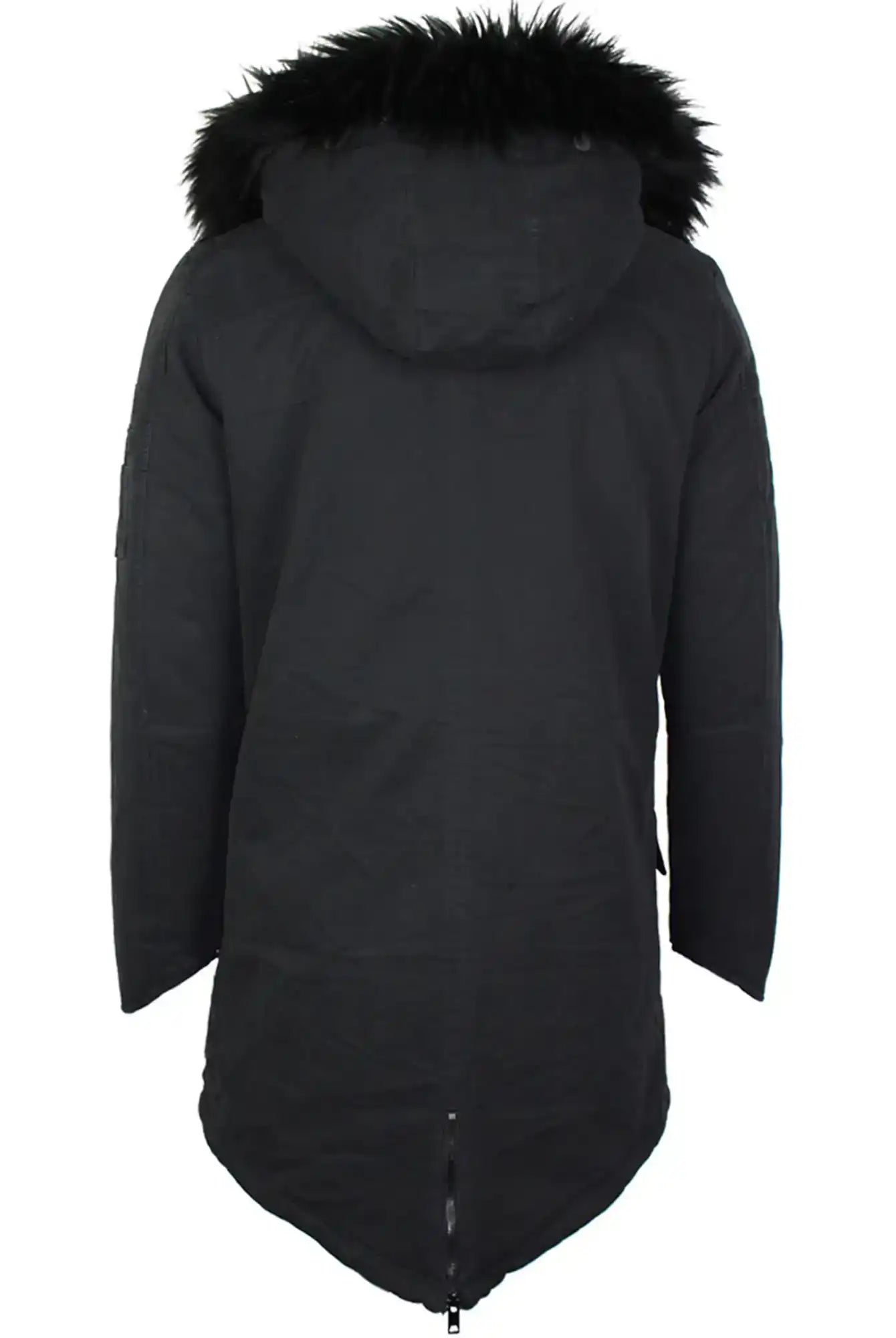 Der trueprodigy Harvey Parka mit Kapuze und Kunstfell in Schwarz wird von hinten gezeigt, mit abnehmbarer Kapuze samt schwarzem Kunstfell, langen Ärmeln und leichtem Fishtail-Saum für vielseitige Styles.