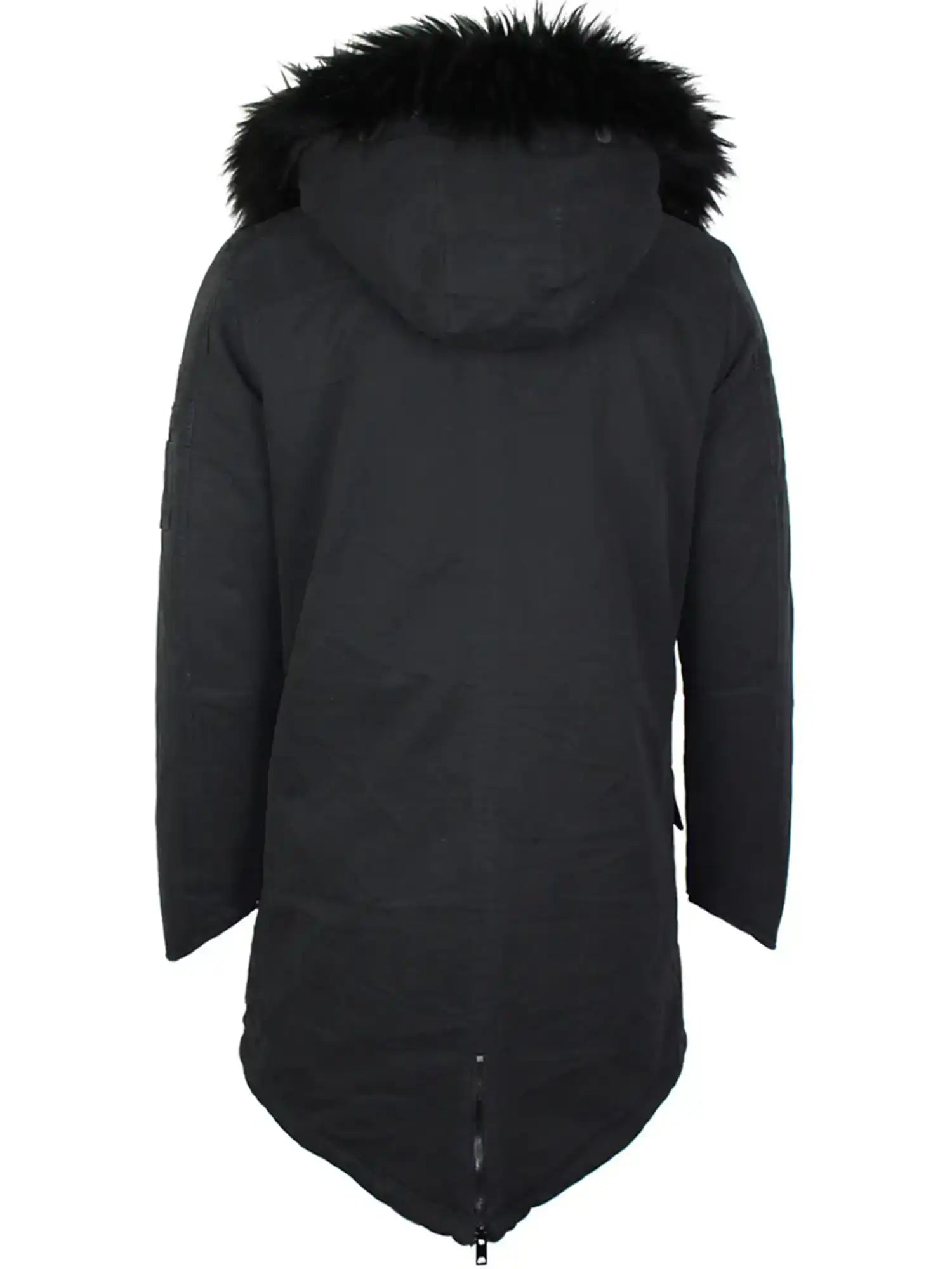Der trueprodigy Harvey Parka mit Kapuze und Kunstfell in Schwarz wird von hinten gezeigt, mit abnehmbarer Kapuze samt schwarzem Kunstfell, langen Ärmeln und leichtem Fishtail-Saum für vielseitige Styles.