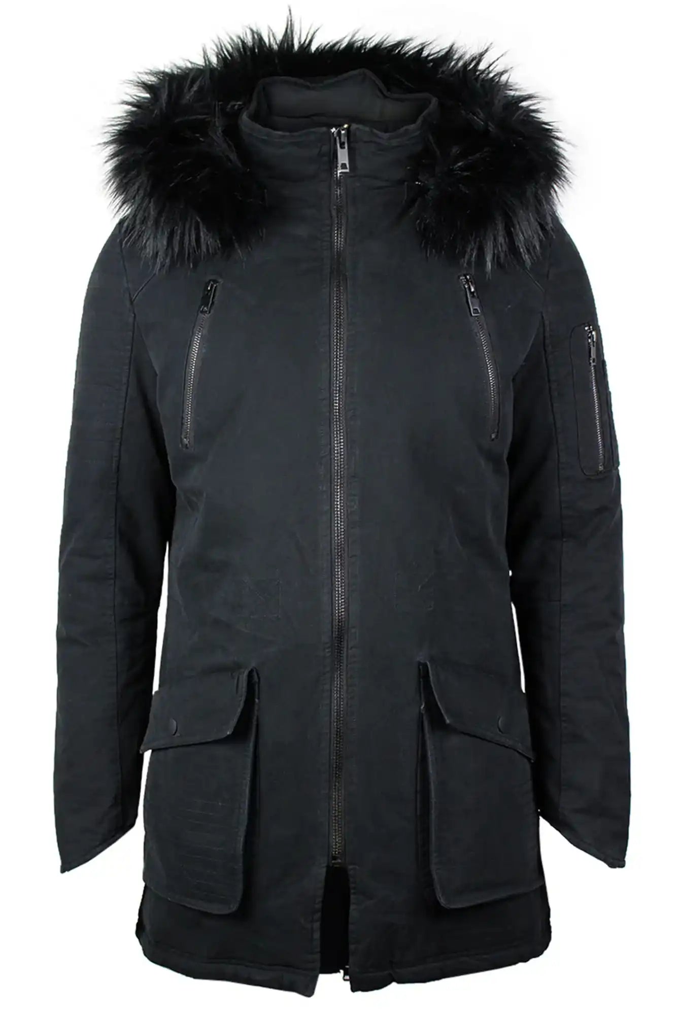 Der trueprodigy Harvey Parka mit Kapuze und Kunstfell ist ein schwarzer Herrenmantel mit Frontreißverschluss, Brusttaschen mit Reißverschluss, großen Pattentaschen, Armtasche und abnehmbarer Kapuze mit schwarzem Kunstfell. Er hat eine gerade, lange Passform.