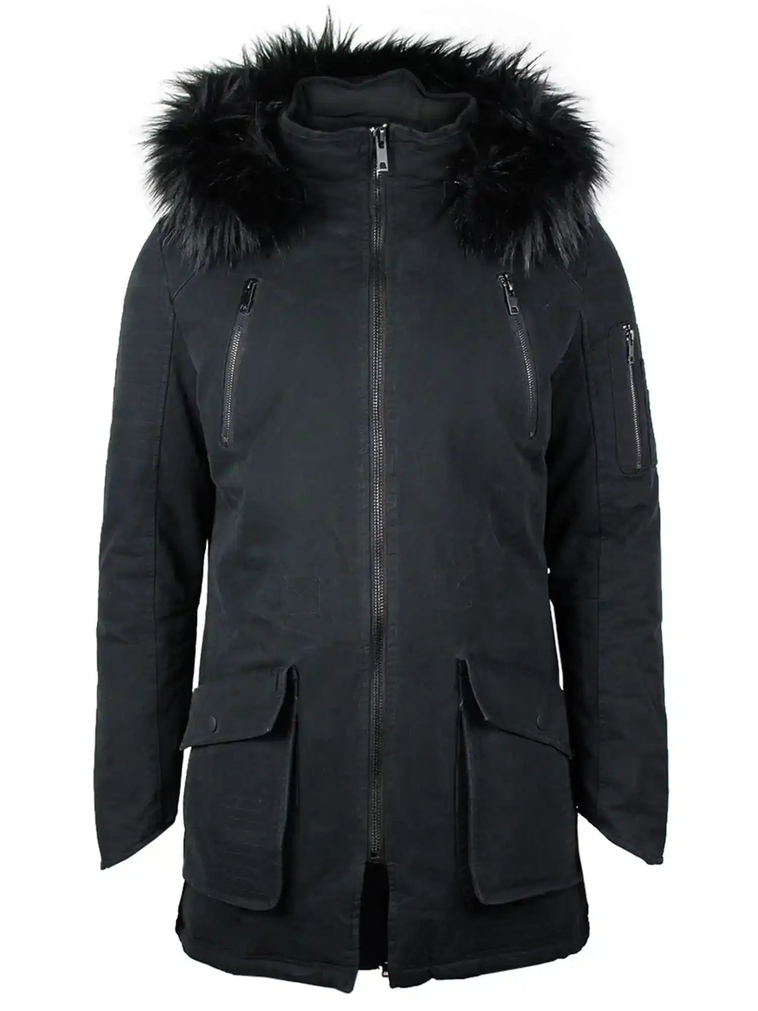 Der trueprodigy Harvey Parka mit Kapuze und Kunstfell ist ein schwarzer Herrenmantel mit Frontreißverschluss, Brusttaschen mit Reißverschluss, großen Pattentaschen, Armtasche und abnehmbarer Kapuze mit schwarzem Kunstfell. Er hat eine gerade, lange Passform.