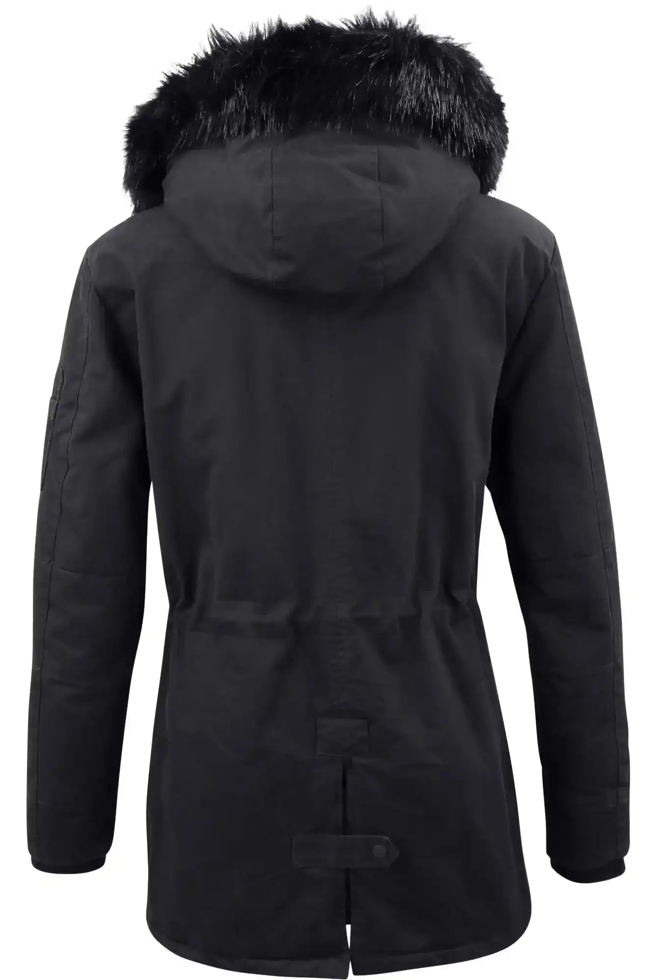 Der trueprodigy Julius F Parka mit Kapuze und Kunstfell zeigt sich von hinten in Schwarz und verfügt über eine Kapuze mit schwarzem Kunstfellbesatz, lange Ärmel, einen Gürtel am Saum und ein kuscheliges, wintertaugliches Material.