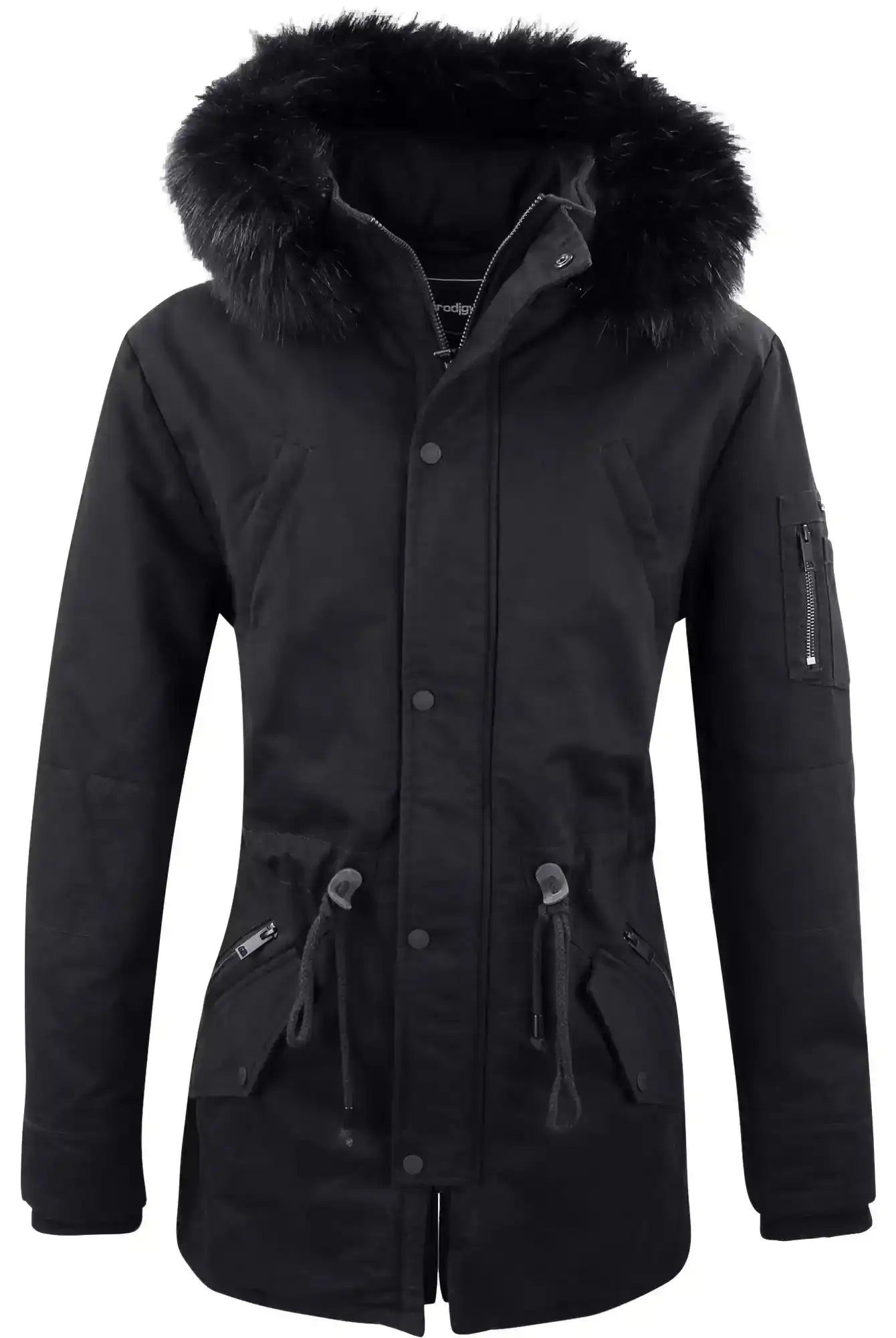 Der trueprodigy Julius F Parka mit Kapuze und Kunstfell ist ein schwarzer Casual Fit Damenparka mit abnehmbarem Kunstfell, Frontreißverschluss, Druckknöpfen, zwei Pattentaschen, Taillenzug und einer Ärmeltasche mit Zipper.