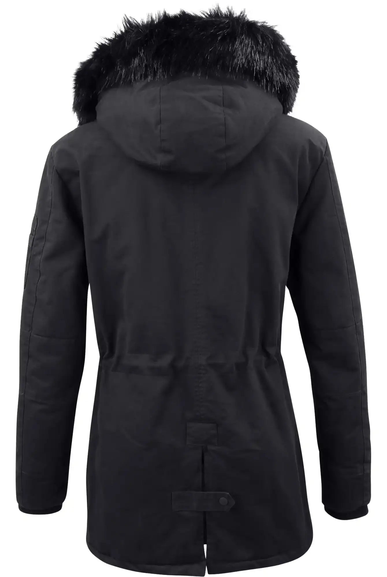 Schwarze TRUEPRODIGY julius Jacke, Rückansicht, mit Kapuze und Kunstfellbesatz, elegantes Design, stilvoll für kalte Tage, hochwertiges Material, perfekte Winterbekleidung, ideal für modebewusste Träger.