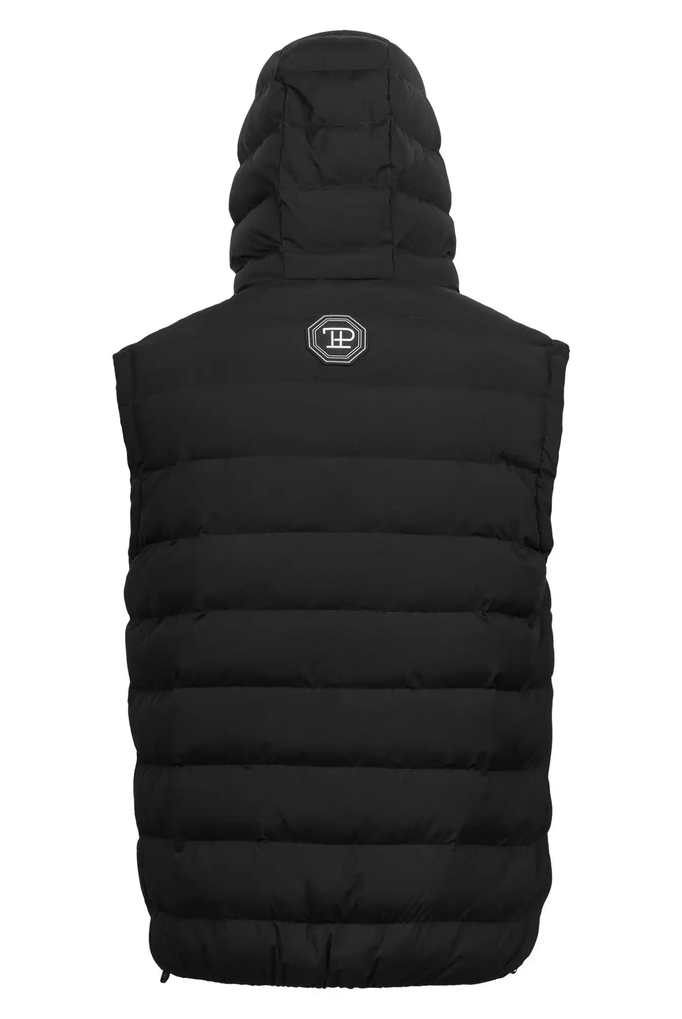 Die von hinten gezeigte trueprodigy Matthew Pufferweste mit Kapuze matt in schwarz hat ein kleines ovales PP-Logo oben in der Mitte.
