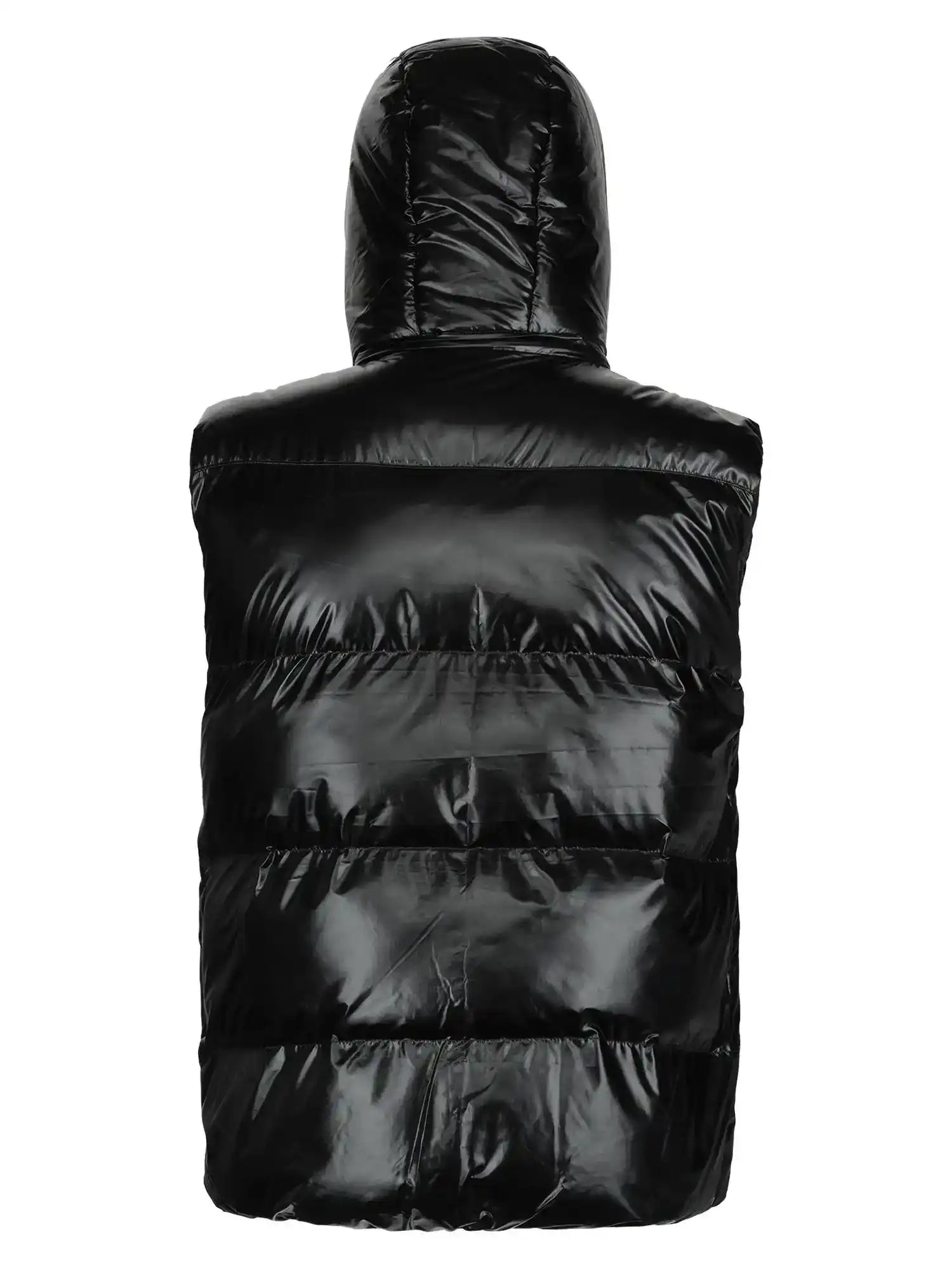 Die trueprodigy Darko Steppweste glänzend mit Kapuze ist eine schwarze, glänzende Herrenweste mit horizontaler Steppung und wattierter Füllung. Abgebildet von der Rückseite vor einem weißen Hintergrund.